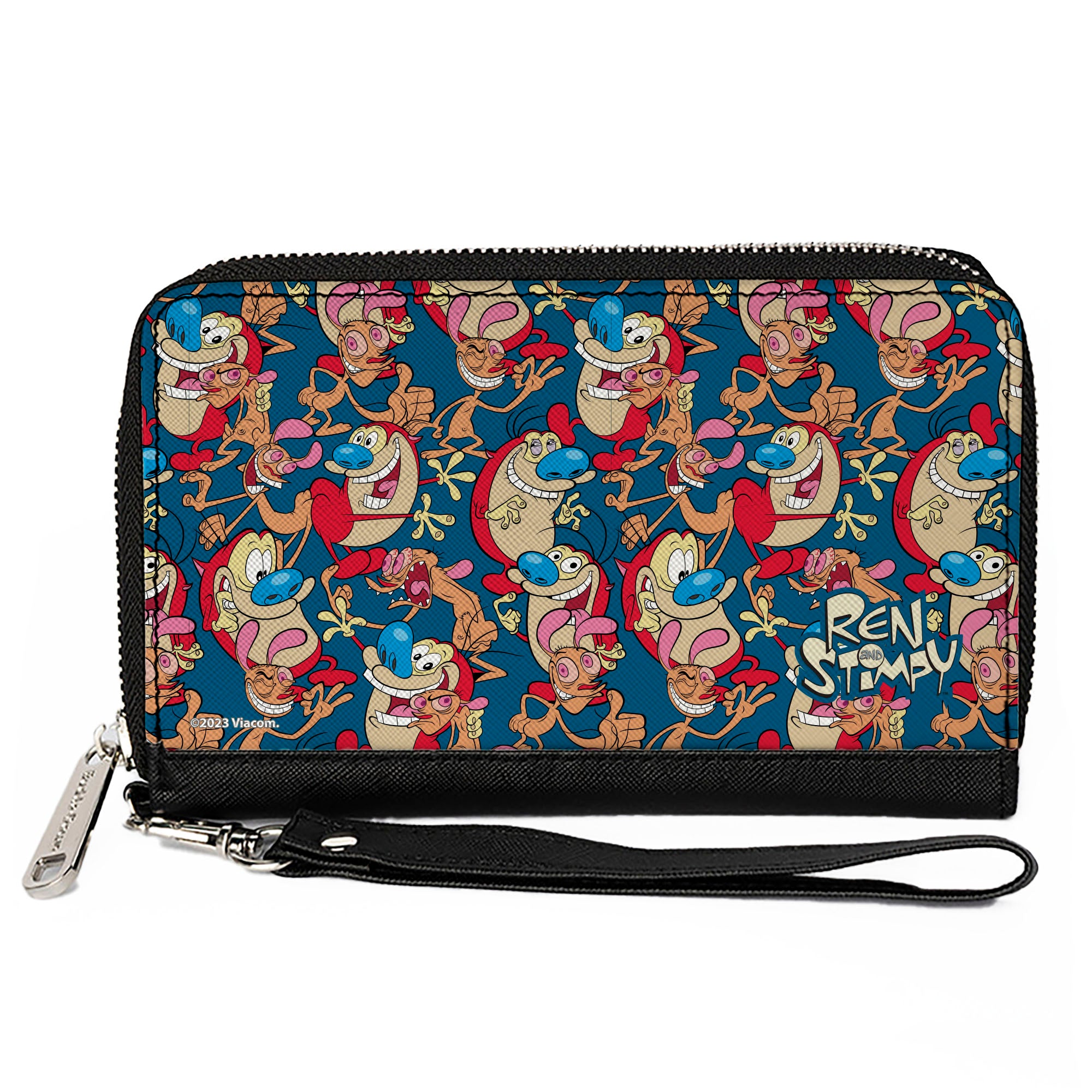 PU Zip Around Wallet Rectangle - REN AND STIMPY Multi-Pose Collage Blue Clutch Zip Around Wallets Ren and Stimpy
