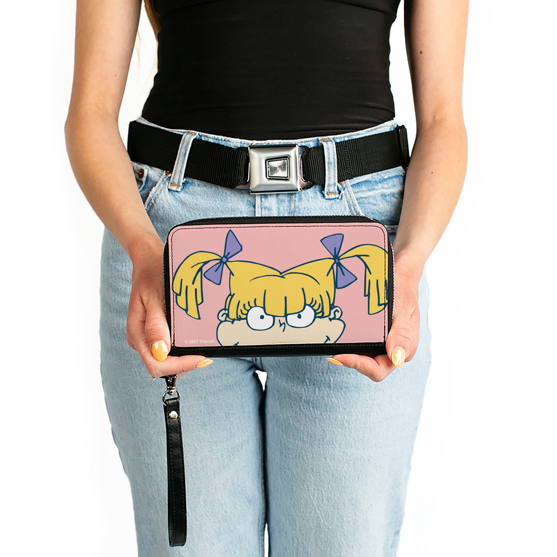 PU Zip Around Wallet Rectangle - Rugrats Angelica Face CLOSE-UP Pink Clutch Zip Around Wallets Rugrats