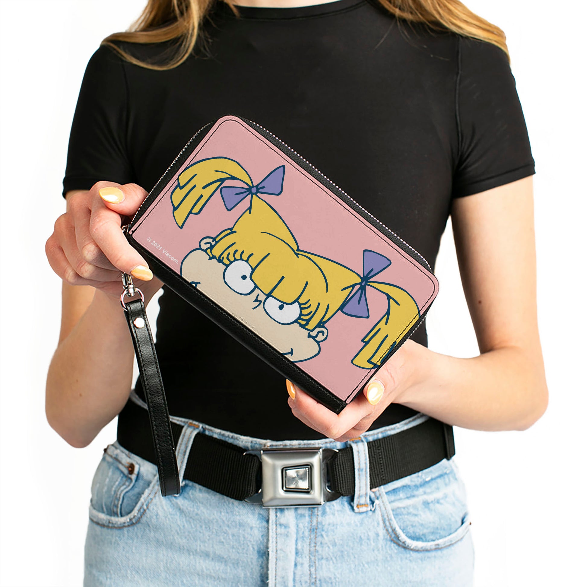 PU Zip Around Wallet Rectangle - Rugrats Angelica Face CLOSE-UP Pink Clutch Zip Around Wallets Rugrats