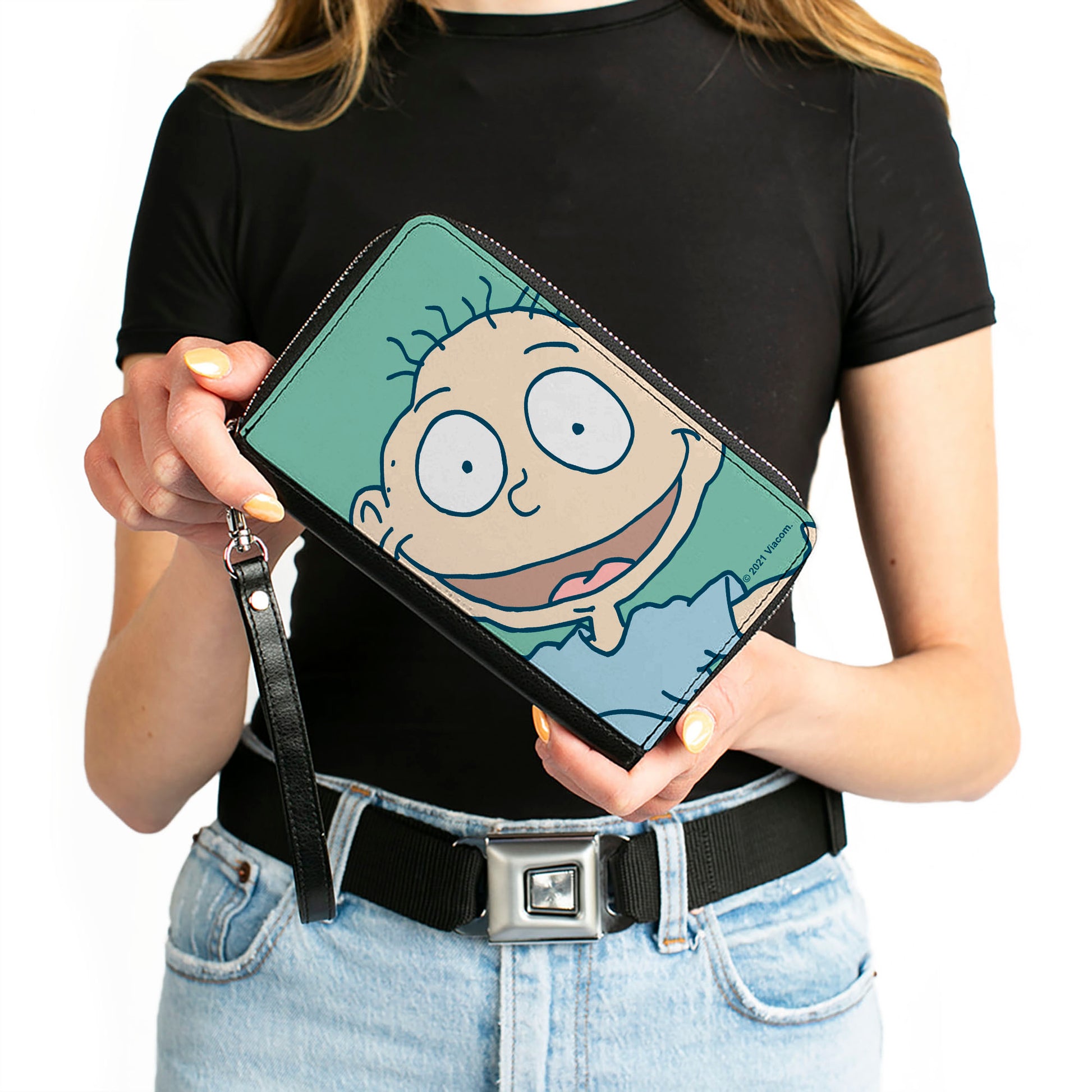 PU Zip Around Wallet Rectangle - Rugrats Tommy Pickles Face CLOSE-UP Seafoam Green Clutch Zip Around Wallets Rugrats