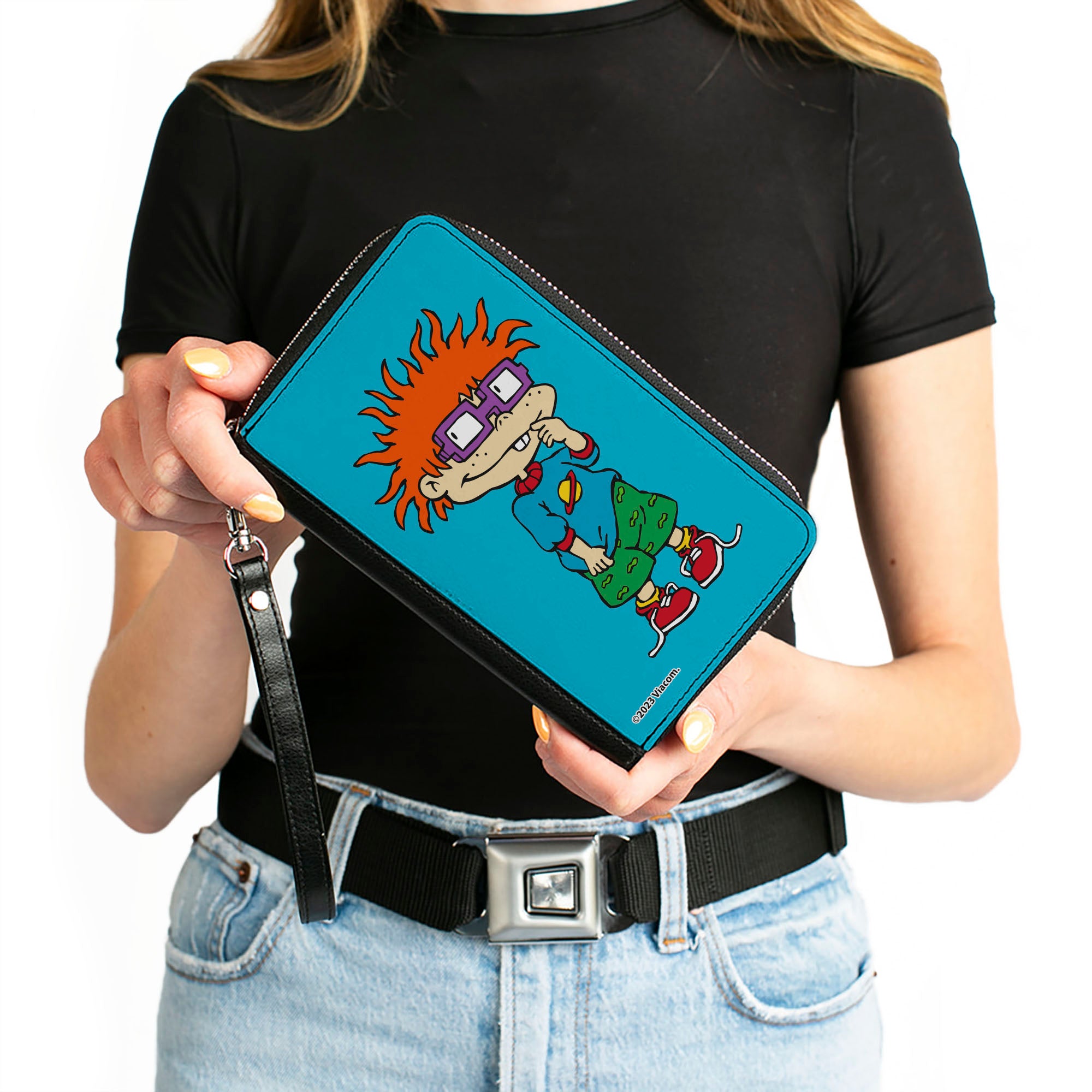 PU Zip Around Wallet Rectangle - Rugrats Chuckie Pose Blue Clutch Zip Around Wallets Rugrats