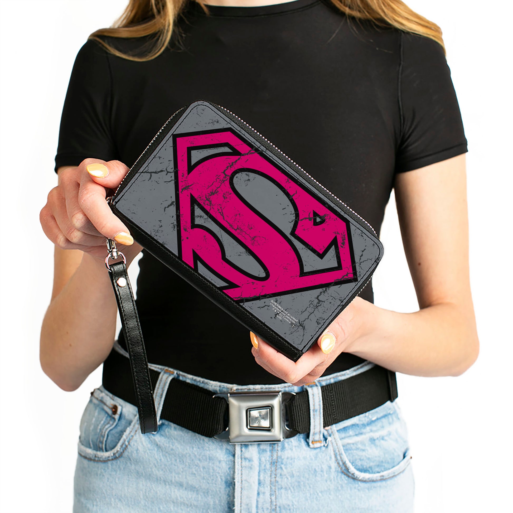 Women's PU Zip Around Wallet Rectangle - Superman Shield CLOSE-UP Weathered Grays Black Pink Clutch Zip Around Wallets DC Comics   