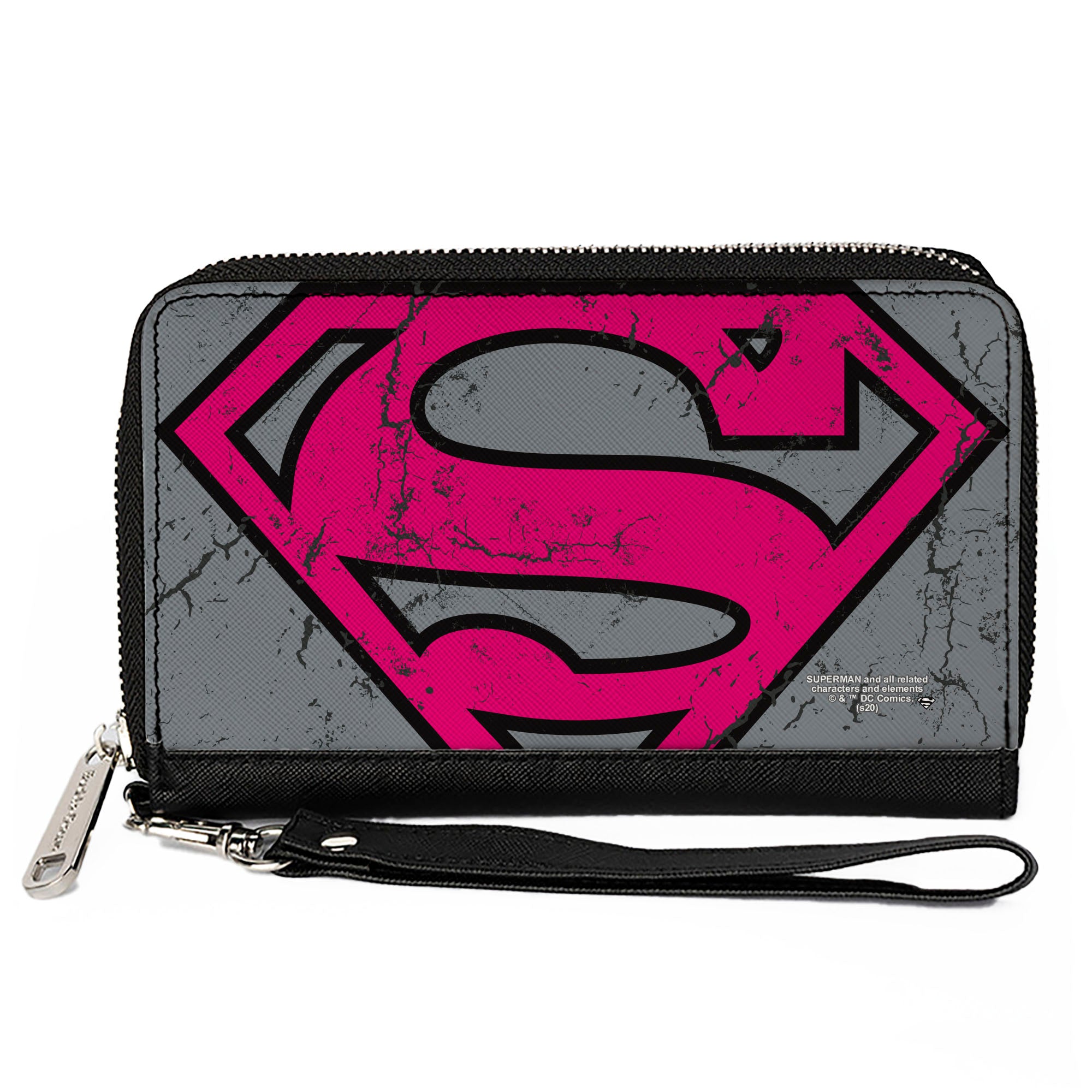 Women's PU Zip Around Wallet Rectangle - Superman Shield CLOSE-UP Weathered Grays Black Pink Clutch Zip Around Wallets DC Comics   