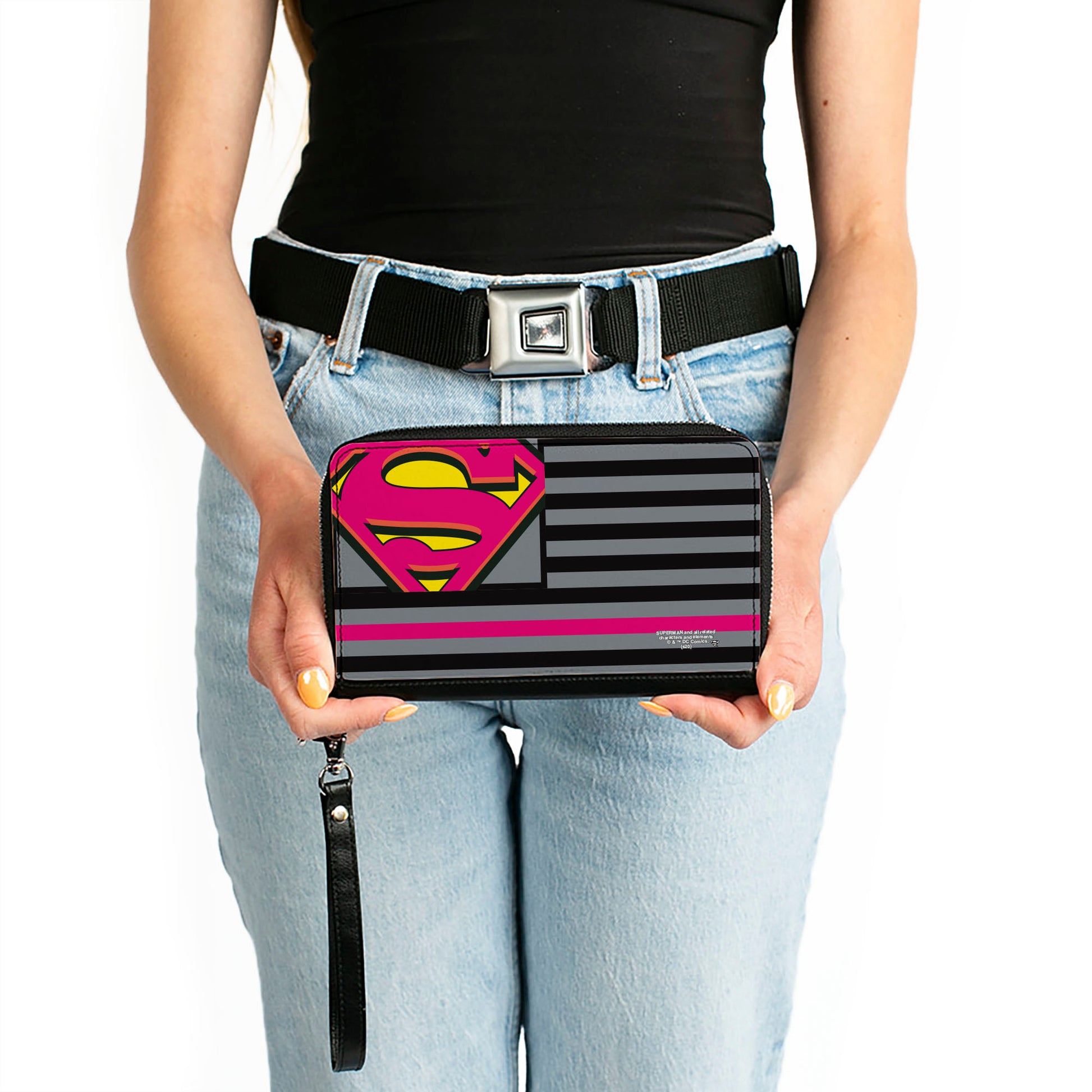 Women's PU Zip Around Wallet Rectangle - Superman Shield Americana Stripes Gray Black Pinks Yellow Clutch Zip Around Wallets DC Comics   