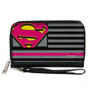 Women's PU Zip Around Wallet Rectangle - Superman Shield Americana Stripes Gray Black Pinks Yellow Clutch Zip Around Wallets DC Comics   