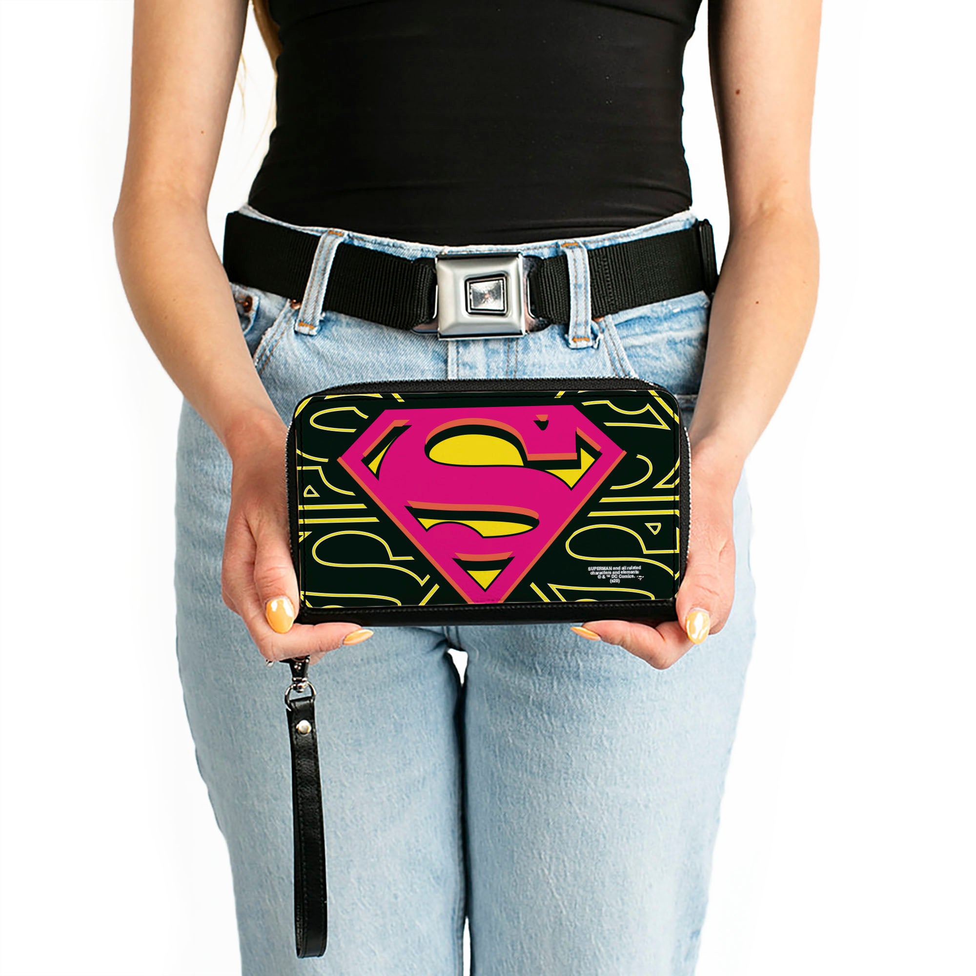 Women's PU Zip Around Wallet Rectangle - Superman Shield CLOSE-UP Outlines Black Yellow Orange Hot Pink Clutch Zip Around Wallets DC Comics   