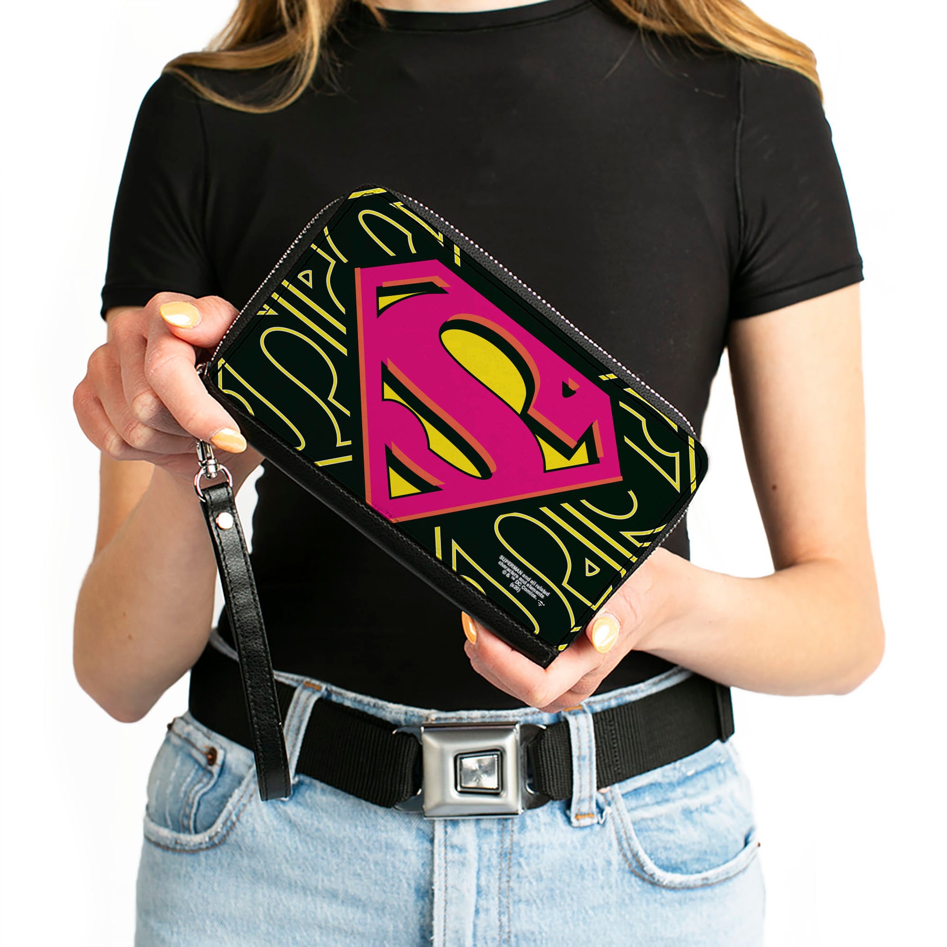 Women's PU Zip Around Wallet Rectangle - Superman Shield CLOSE-UP Outlines Black Yellow Orange Hot Pink Clutch Zip Around Wallets DC Comics   