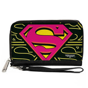 Women's PU Zip Around Wallet Rectangle - Superman Shield CLOSE-UP Outlines Black Yellow Orange Hot Pink Clutch Zip Around Wallets DC Comics   
