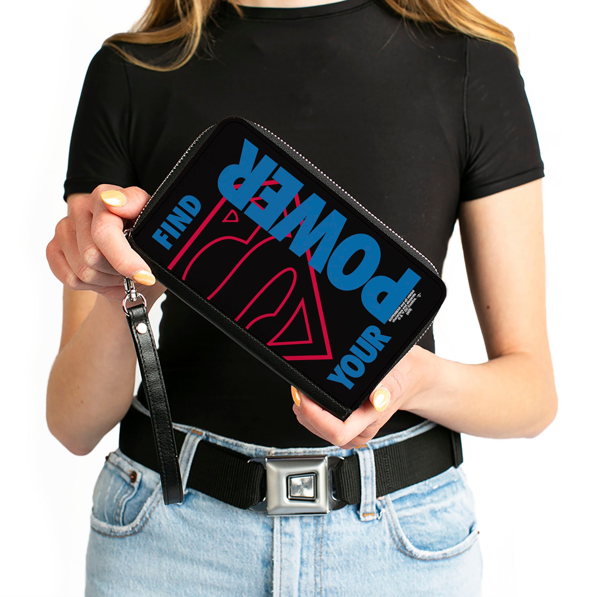 Women's PU Zip Around Wallet Rectangle - Superman Shield FIND YOUR POWER Black Red Blue Clutch Zip Around Wallets DC Comics   