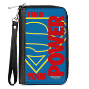Women's PU Zip Around Wallet Rectangle - Superman Shield FIND YOUR POWER Blue Yellow Red Clutch Zip Around Wallets DC Comics   