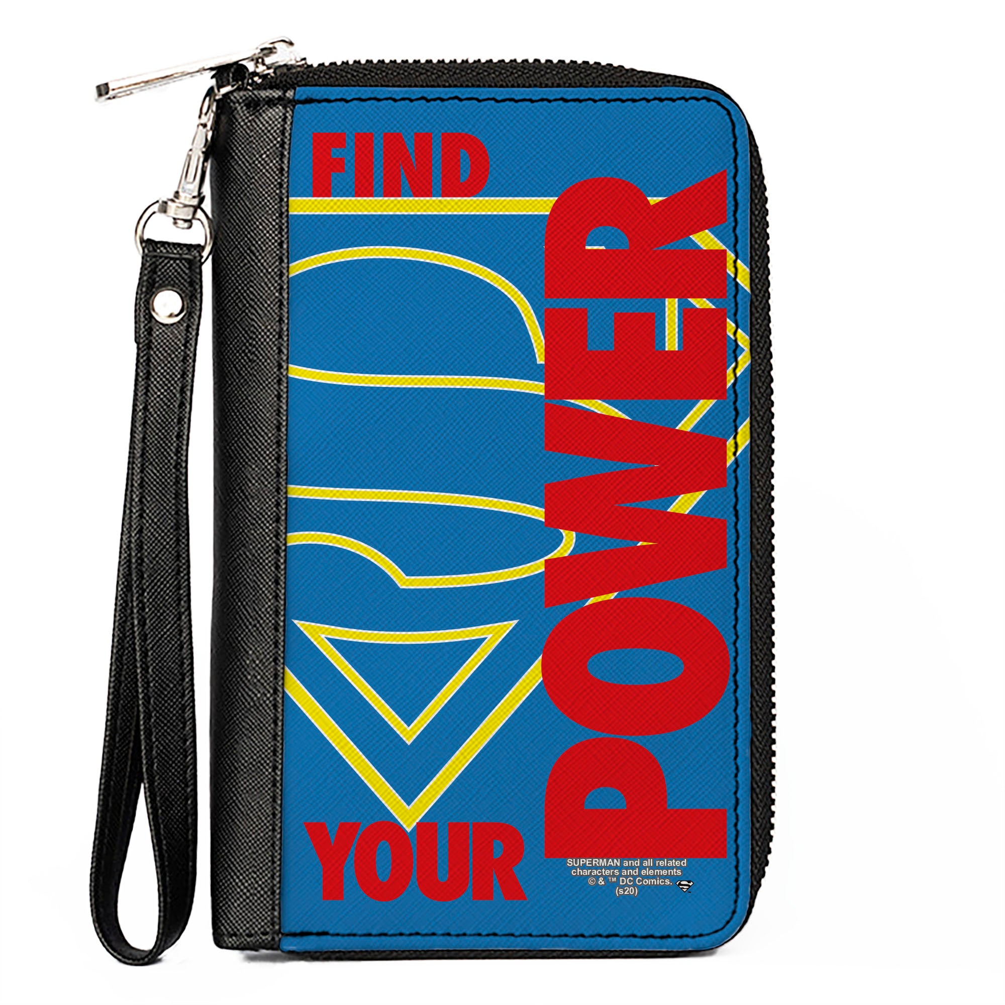 Women's PU Zip Around Wallet Rectangle - Superman Shield FIND YOUR POWER Blue Yellow Red Clutch Zip Around Wallets DC Comics   