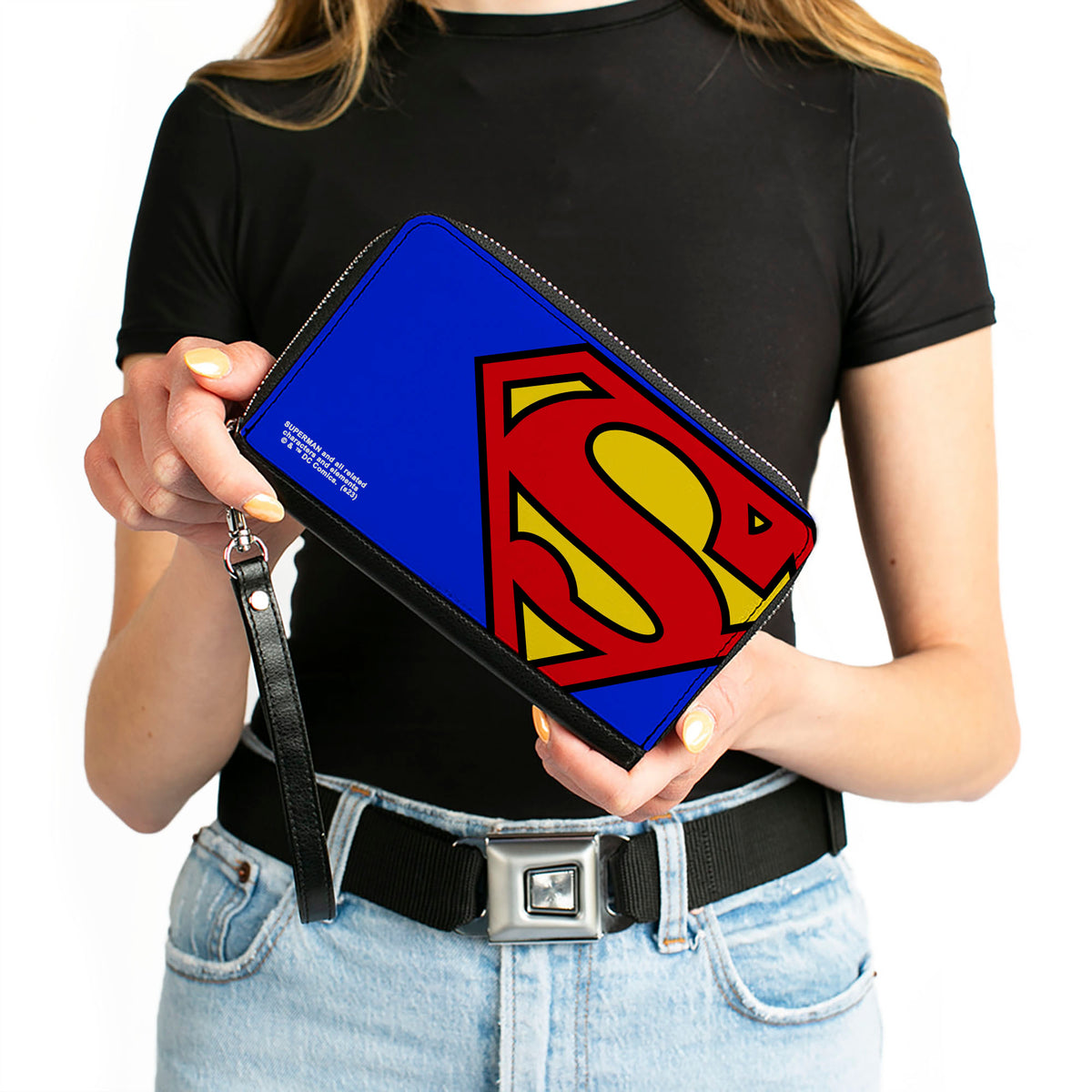 PU Zip Around Wallet Rectangle - Superman Shield Logo Slose-Up Blue/Red/Yellow