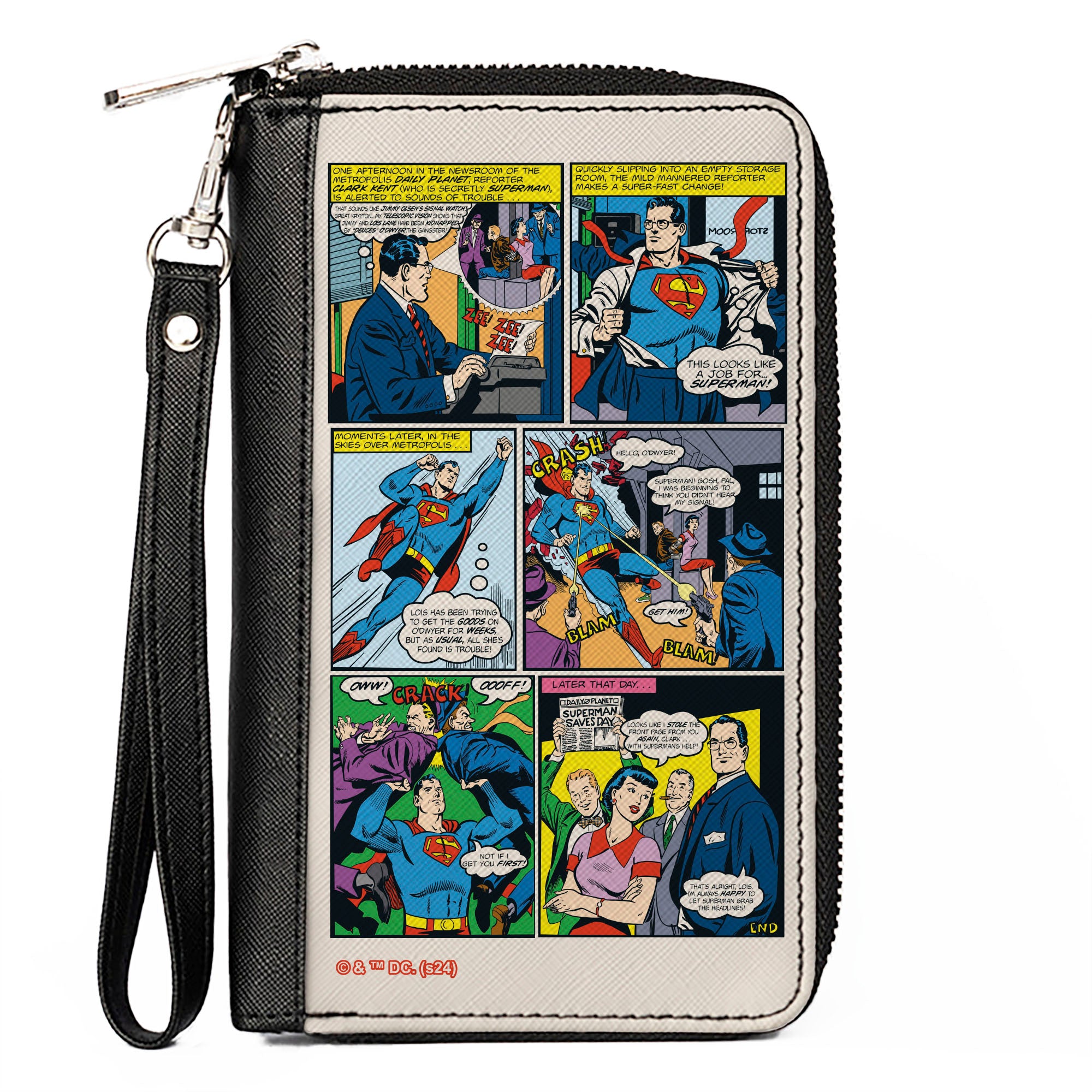 PU Zip Around Wallet Rectangle - Superman Clark Kent Retro Comic Scene Blocks Clutch Zip Around Wallets DC Comics