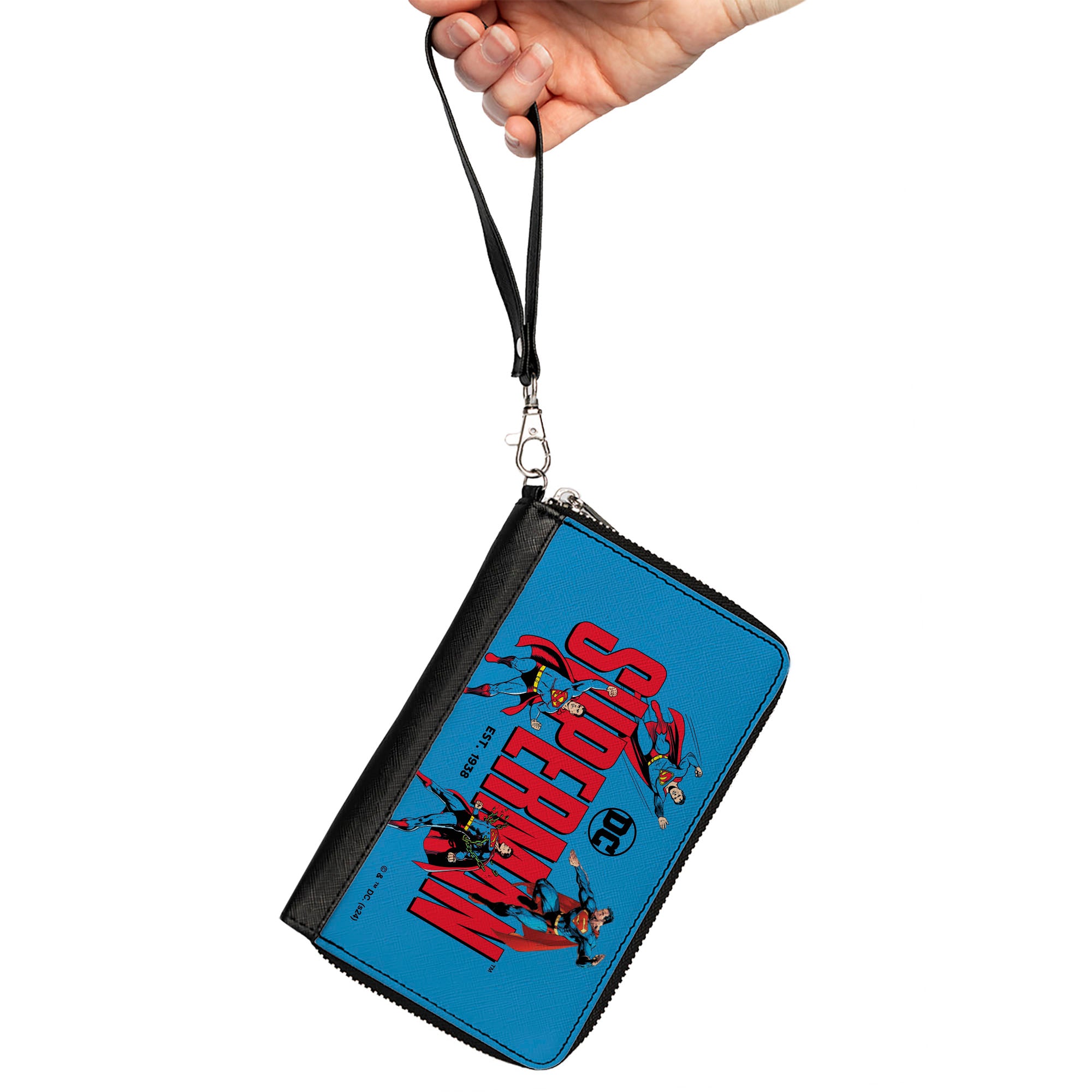 PU Zip Around Wallet Rectangle - SUPERMAN EST 1938 Action Poses and Text Blue/Red Clutch Zip Around Wallets DC Comics