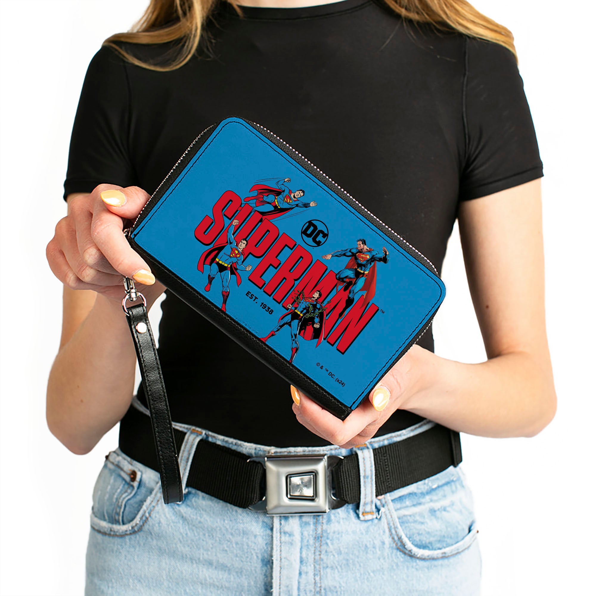 PU Zip Around Wallet Rectangle - SUPERMAN EST 1938 Action Poses and Text Blue/Red Clutch Zip Around Wallets DC Comics