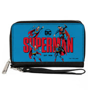 PU Zip Around Wallet Rectangle - SUPERMAN EST 1938 Action Poses and Text Blue/Red Clutch Zip Around Wallets DC Comics