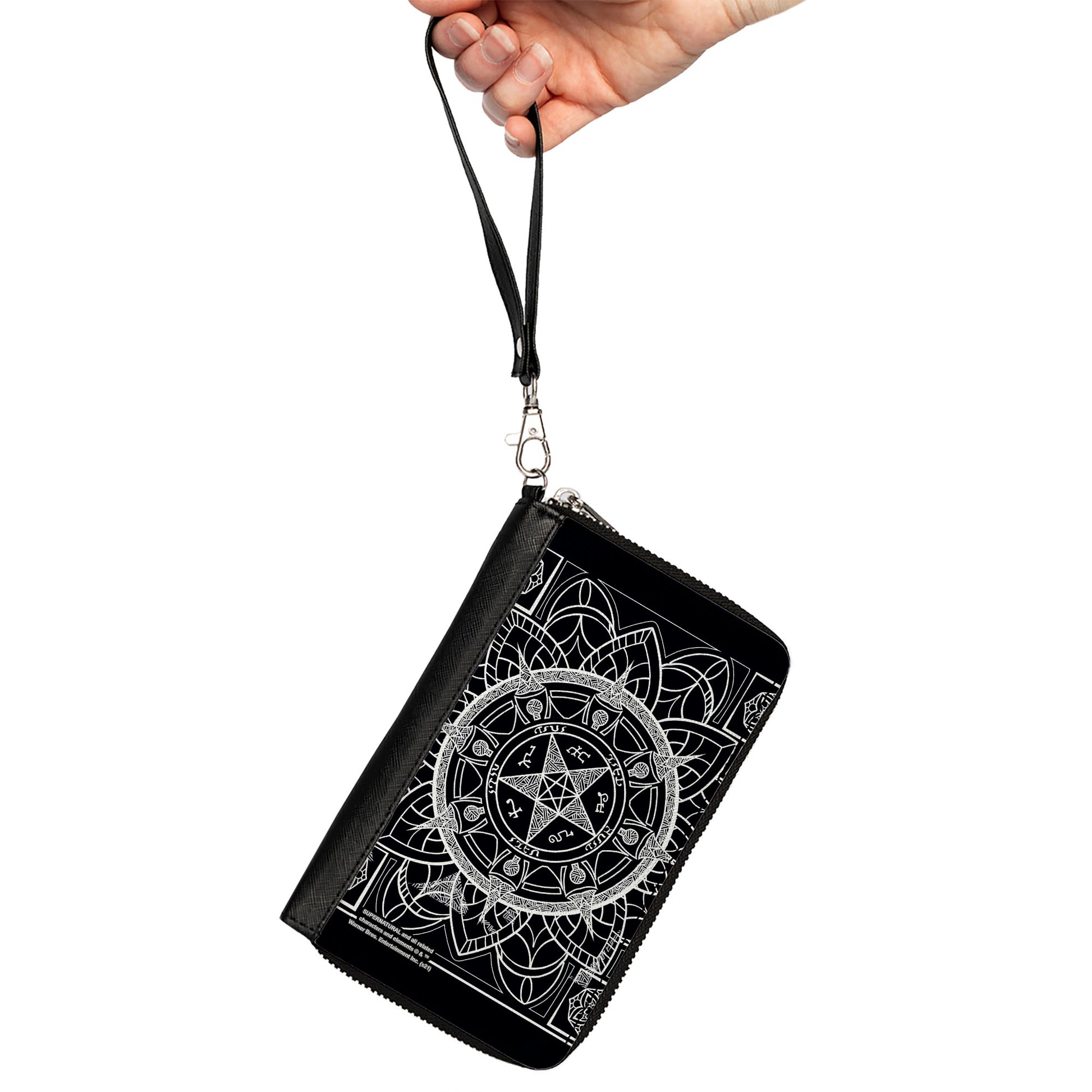 Women's PU Zip Around Wallet Rectangle - Supernatural Devil's Trap Symbol CLOSE-UP Black White Clutch Zip Around Wallets Supernatural   
