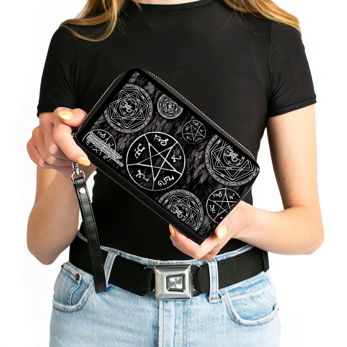 PU Zip Around Wallet Rectangle - Supernatural Devil's Trap Pentagrams Grays/Black/White Clutch Zip Around Wallets Supernatural