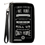 PU Zip Around Wallet Rectangle - Supernatural Dean CRAZY PEOPLE Quote/Winchester Pentagram Black/Grays Clutch Zip Around Wallets Supernatural   