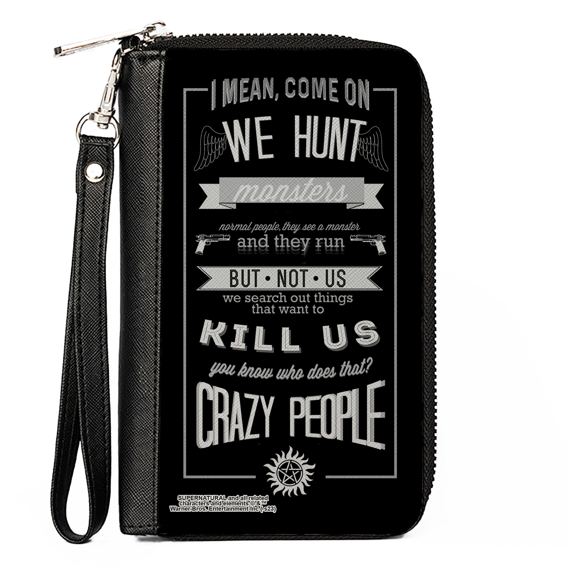 PU Zip Around Wallet Rectangle - Supernatural Dean CRAZY PEOPLE Quote/Winchester Pentagram Black/Grays Clutch Zip Around Wallets Supernatural   