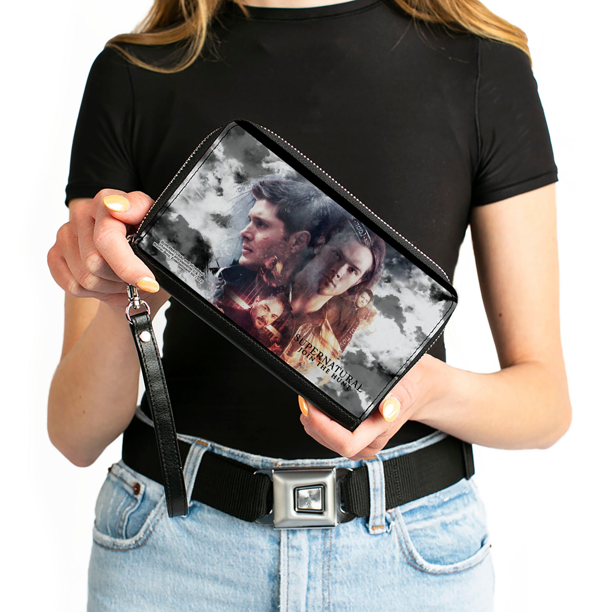 PU Zip Around Wallet Rectangle - Supernatural 4-Character Collage in Clouds Grays/Sepia Clutch Zip Around Wallets Supernatural   