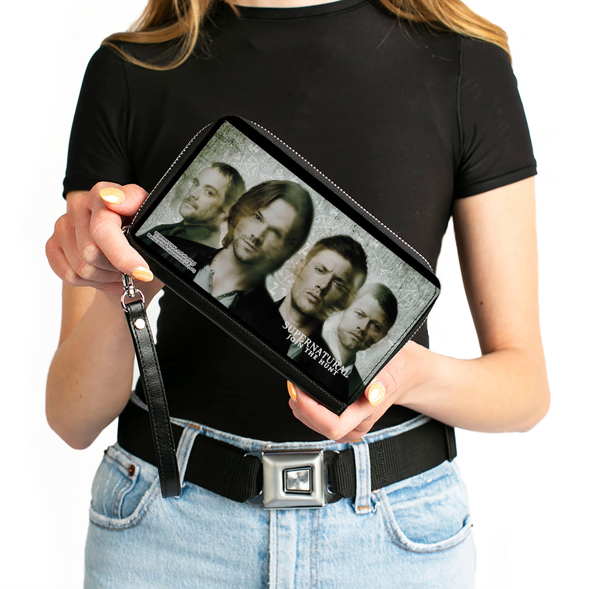 PU Zip Around Wallet Rectangle - Supernatural 4-Character Face Blur and Symbols Grays/Black Clutch Zip Around Wallets Supernatural   