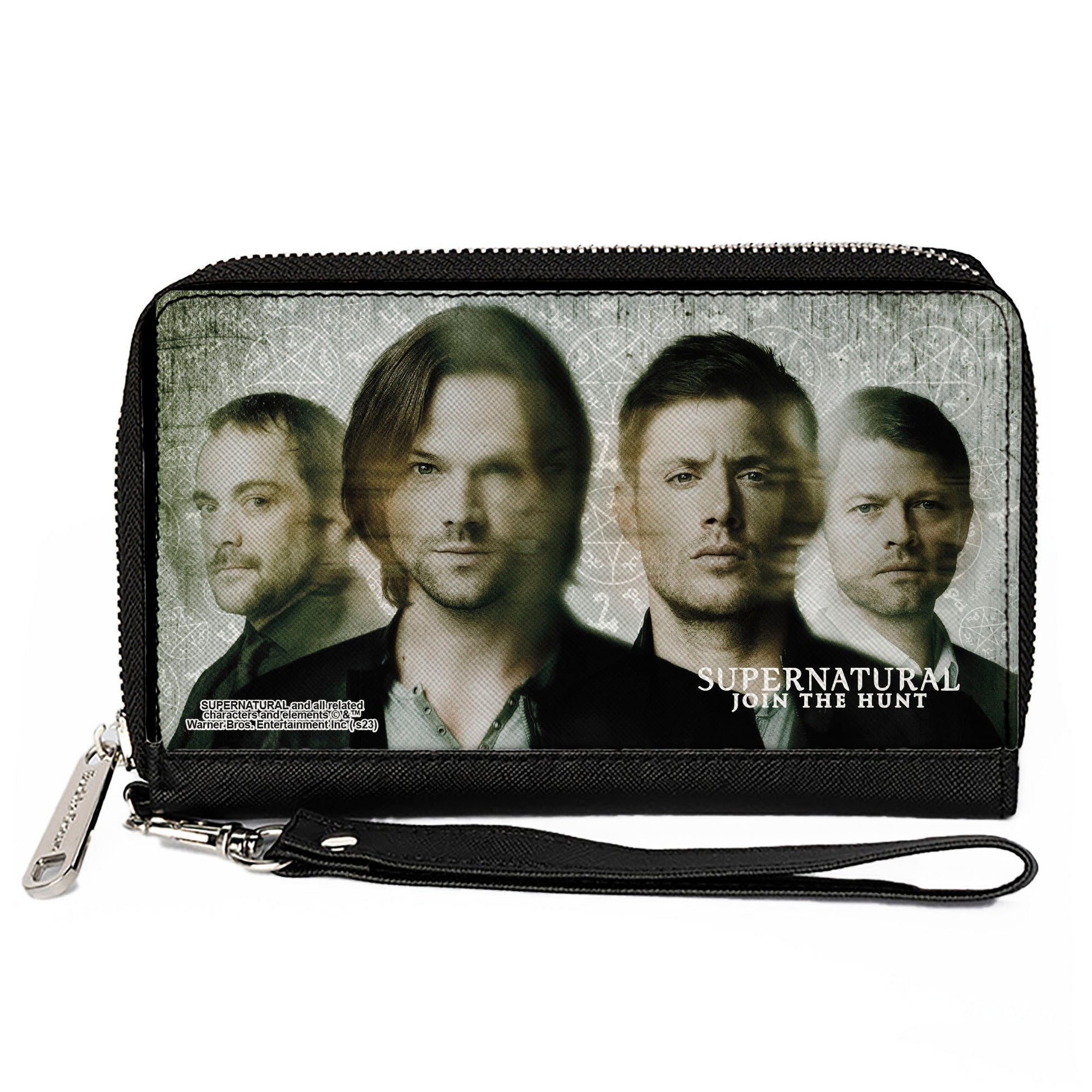 PU Zip Around Wallet Rectangle - Supernatural 4-Character Face Blur and Symbols Grays/Black Clutch Zip Around Wallets Supernatural   