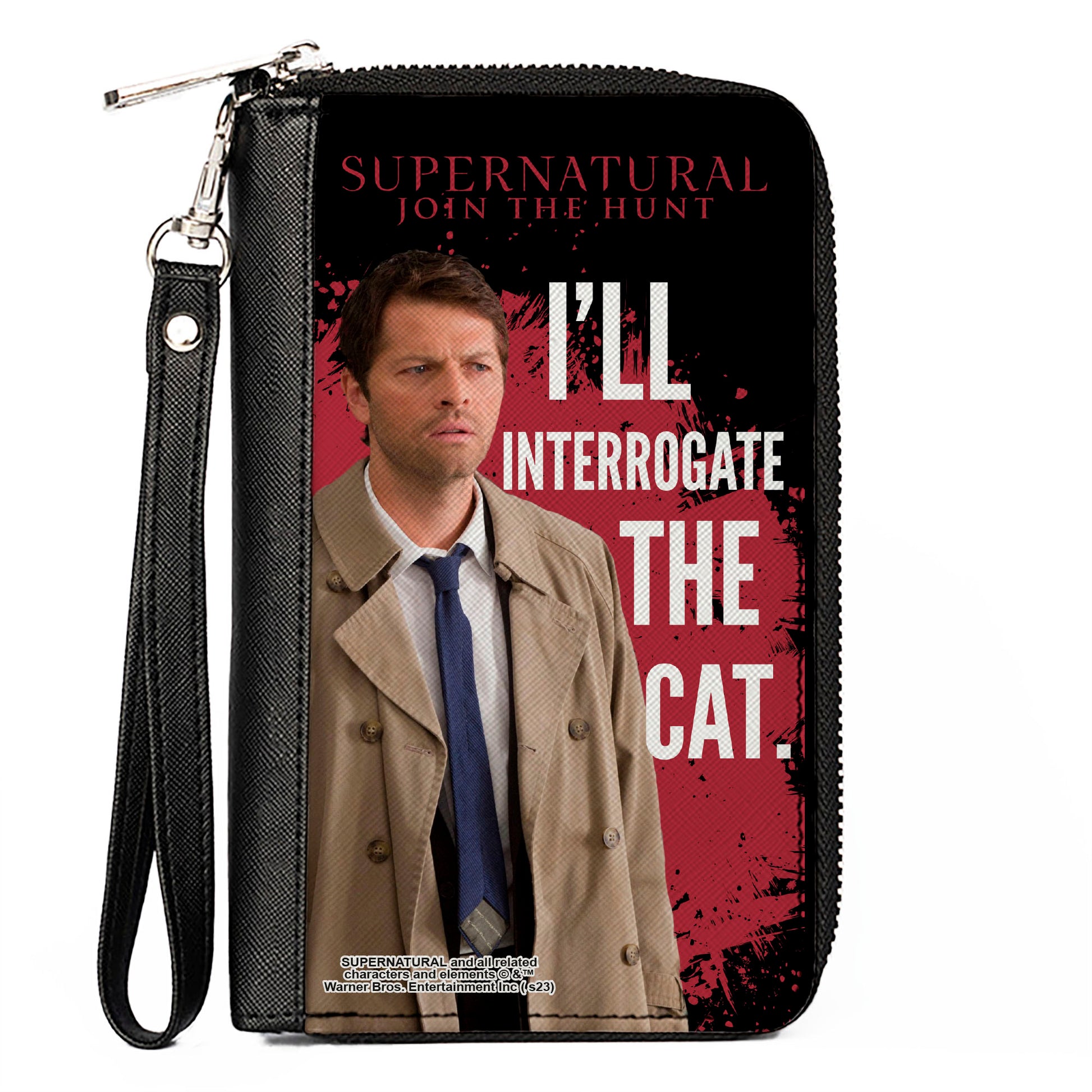PU Zip Around Wallet Rectangle - Supernatural Castiel I'LL INTERROGATE THE CAT Black/Red/White Clutch Zip Around Wallets Supernatural   