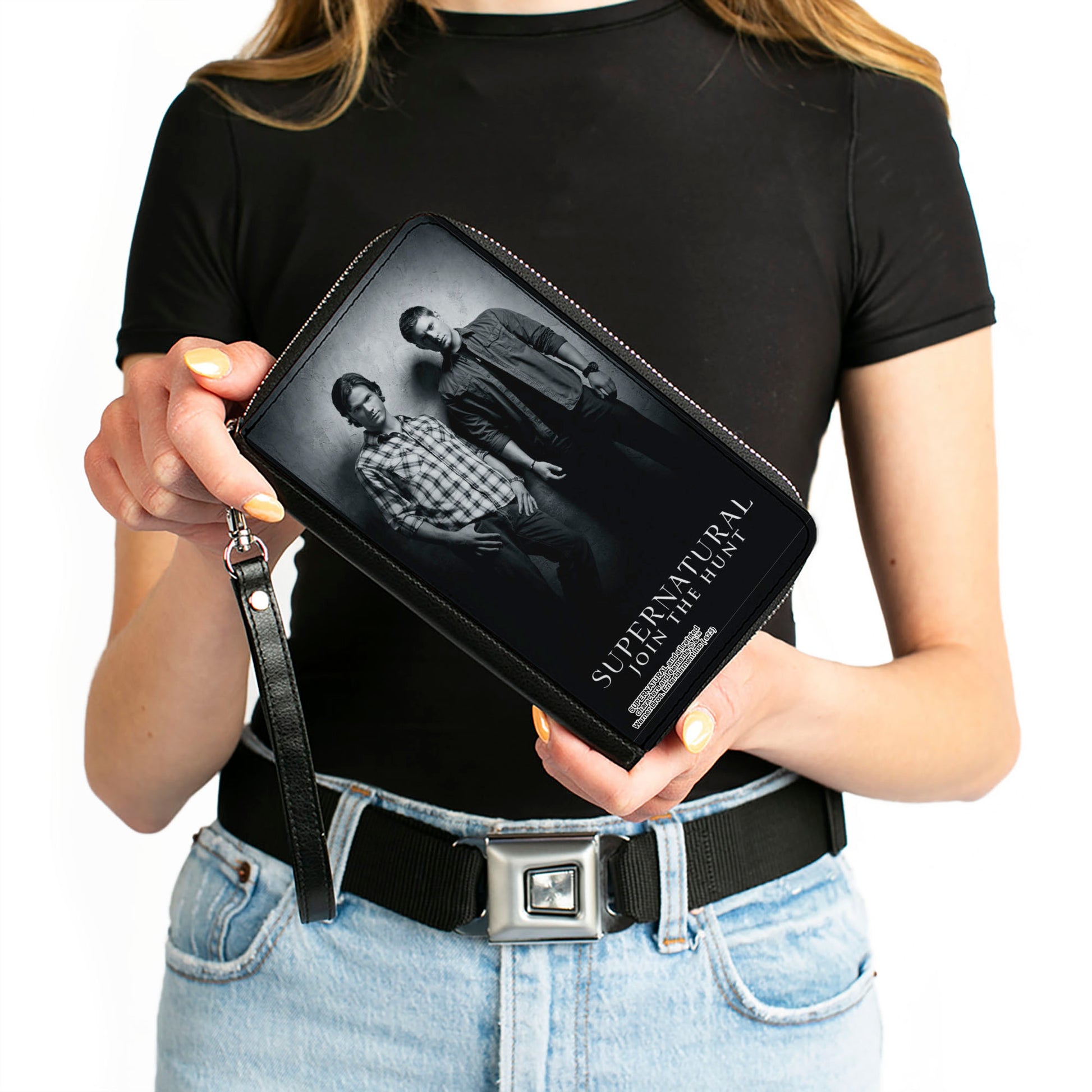 PU Zip Around Wallet Rectangle - SUPERNATURAL Winchster Brothers Black/White Clutch Zip Around Wallets Supernatural   
