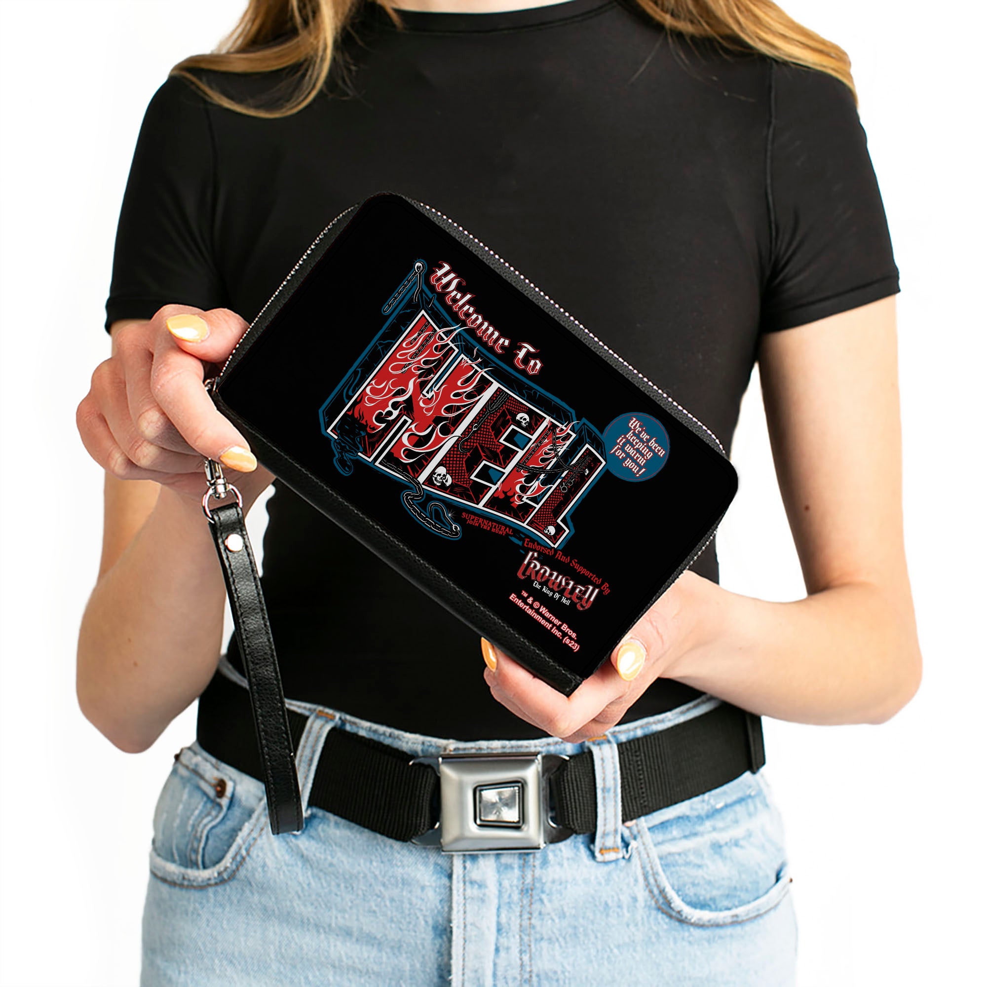 PU Zip Around Wallet Rectangle - Supernatural Crowley WELCOME TO HELL Flames Skulls and Chains Black/Blue/Red/White Clutch Zip Around Wallets Supernatural   