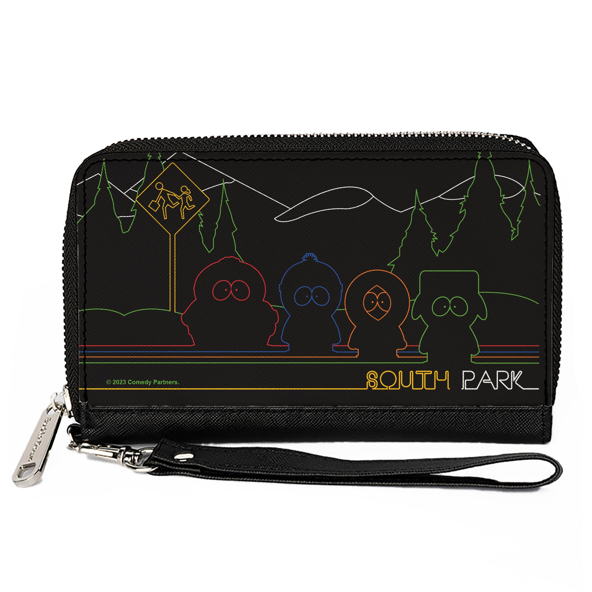 PU Zip Around Wallet Rectangle - SOUTH PARK Boys at Bus Line Silhouette Black/Multi Color Clutch Zip Around Wallets South Park