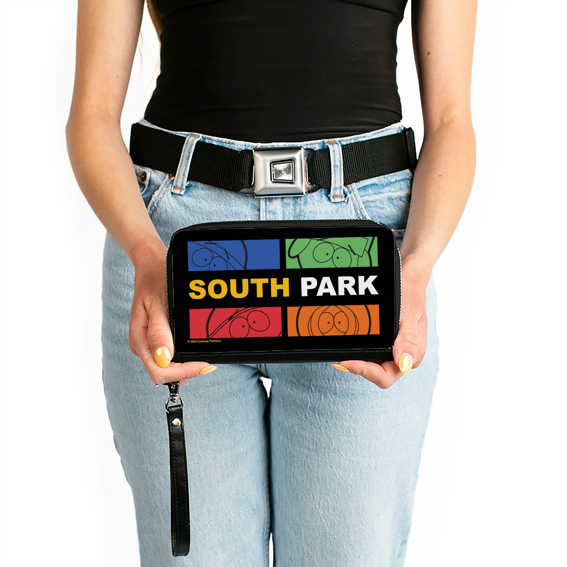 PU Zip Around Wallet Rectangle - SOUTH PARK Boys Face Blocks and Text Black/Multi Color Clutch Zip Around Wallets South Park