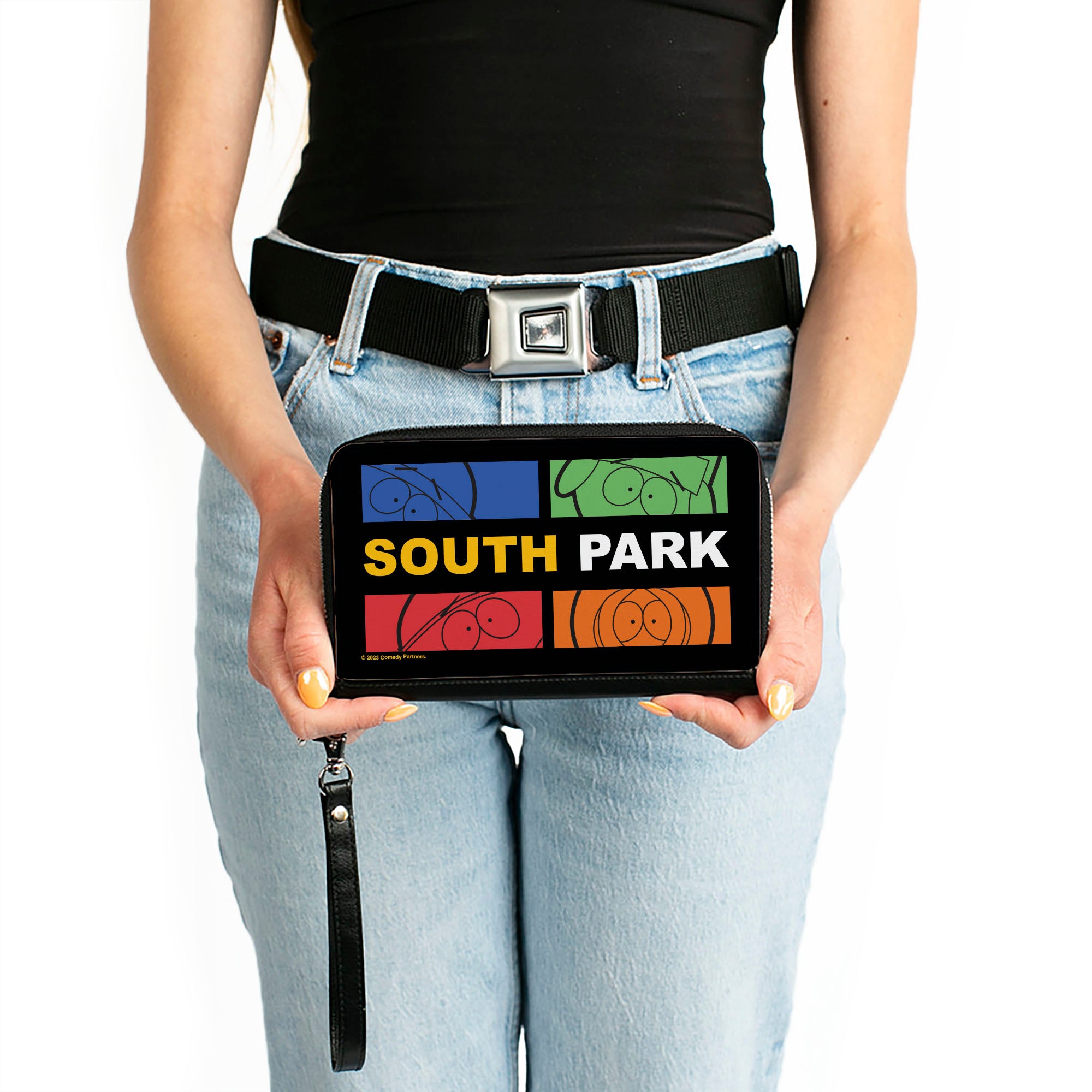 PU Zip Around Wallet Rectangle - SOUTH PARK Boys Face Blocks and Text Black/Multi Color Clutch Zip Around Wallets South Park