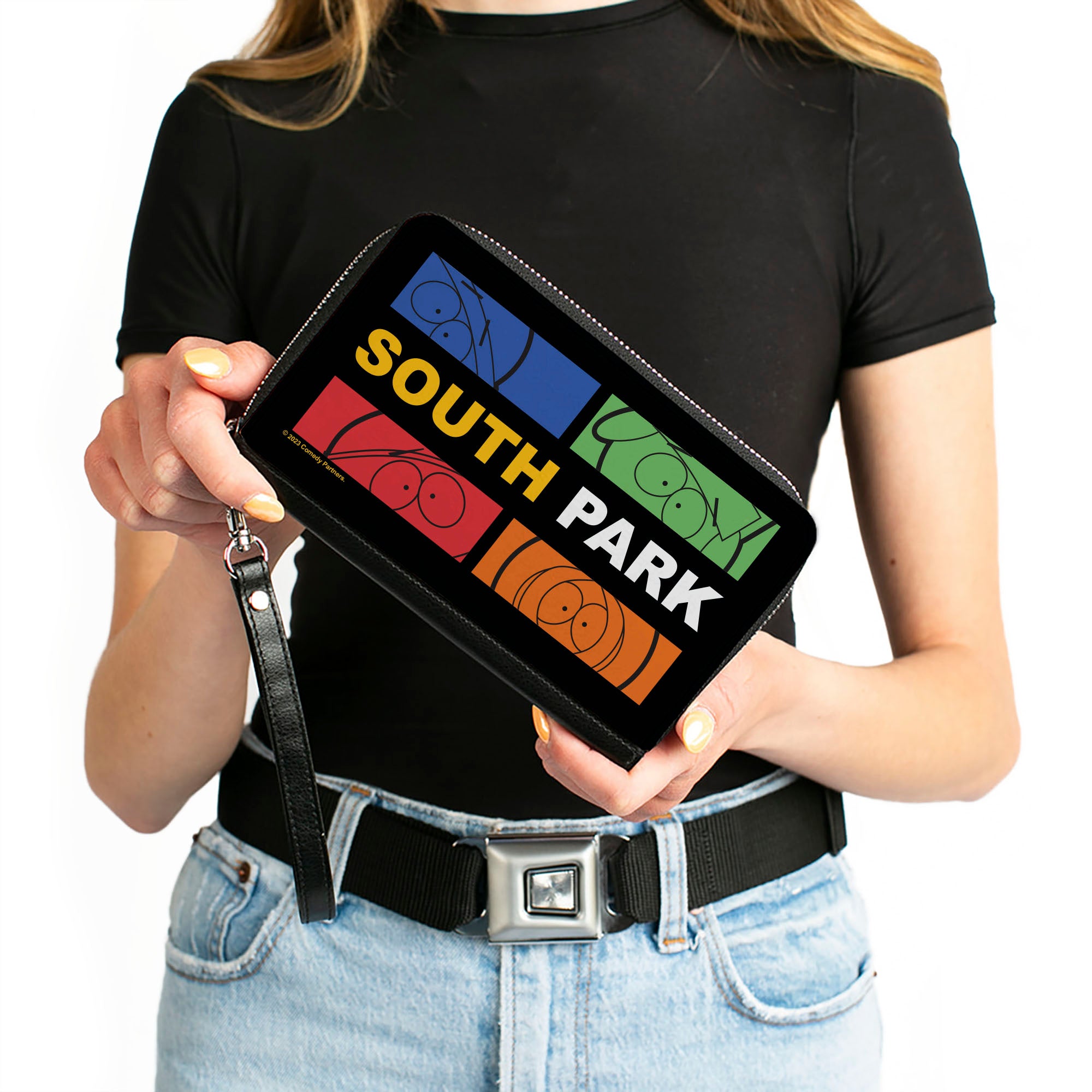PU Zip Around Wallet Rectangle - SOUTH PARK Boys Face Blocks and Text Black/Multi Color Clutch Zip Around Wallets South Park