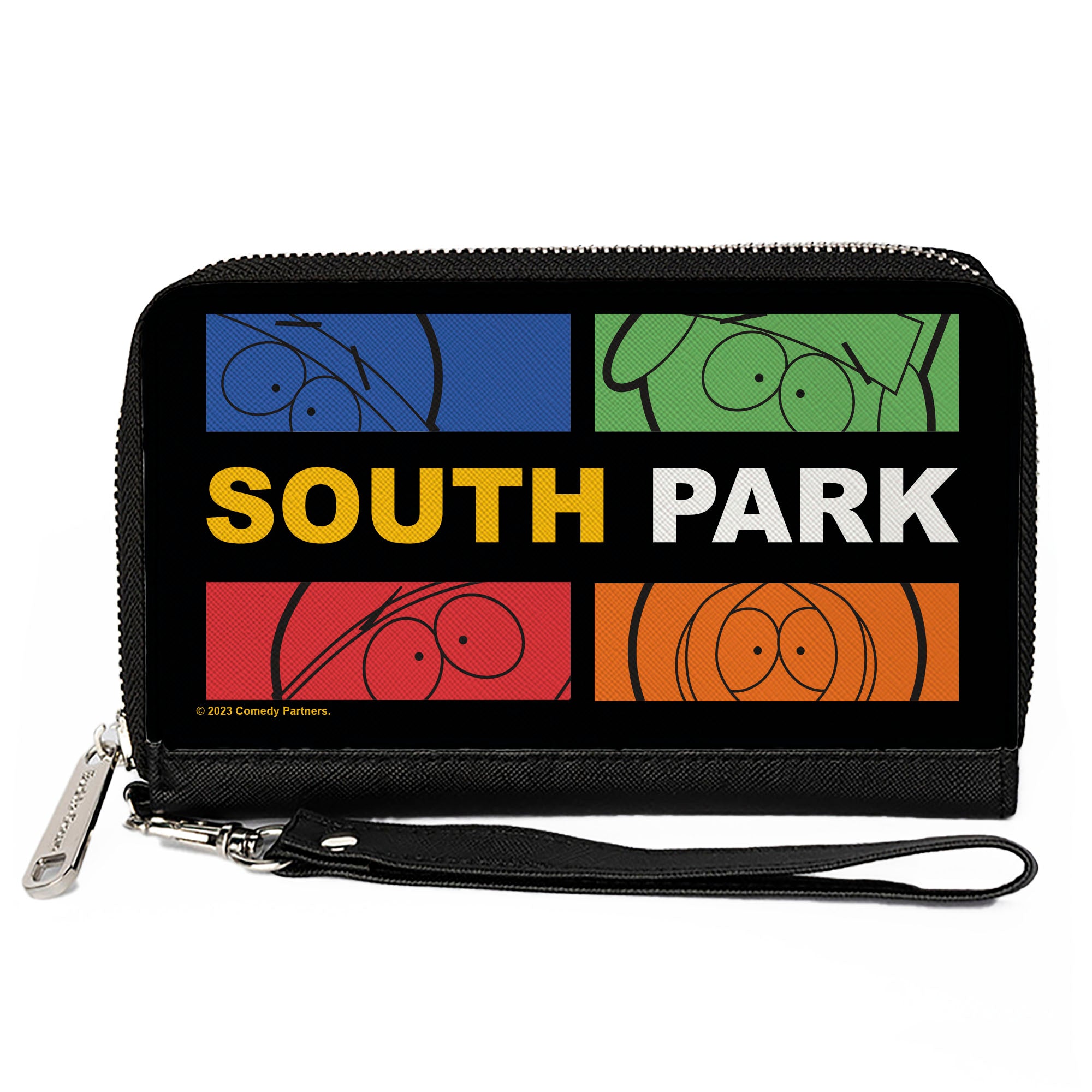 PU Zip Around Wallet Rectangle - SOUTH PARK Boys Face Blocks and Text Black/Multi Color Clutch Zip Around Wallets South Park