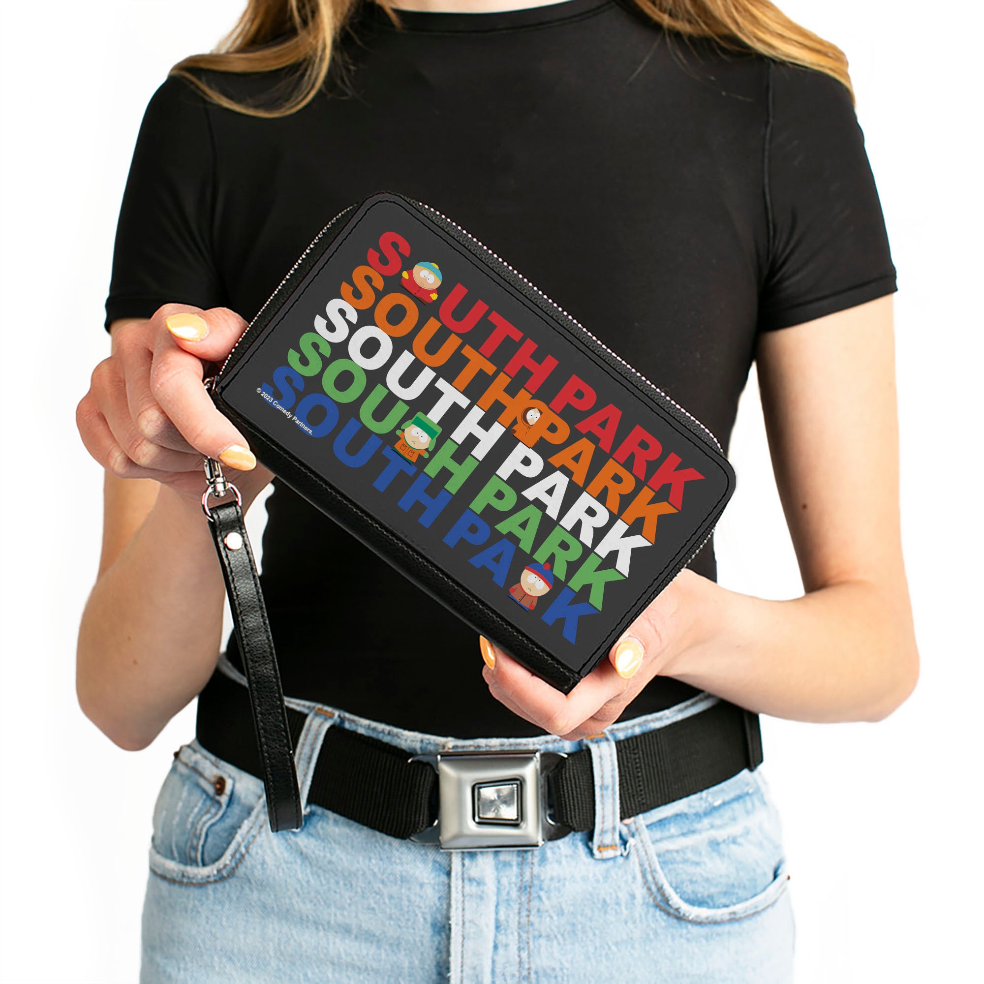 PU Zip Around Wallet Rectangle - SOUTH PARK Boys Text Logo Repeat Black/Multi Color Clutch Zip Around Wallets South Park