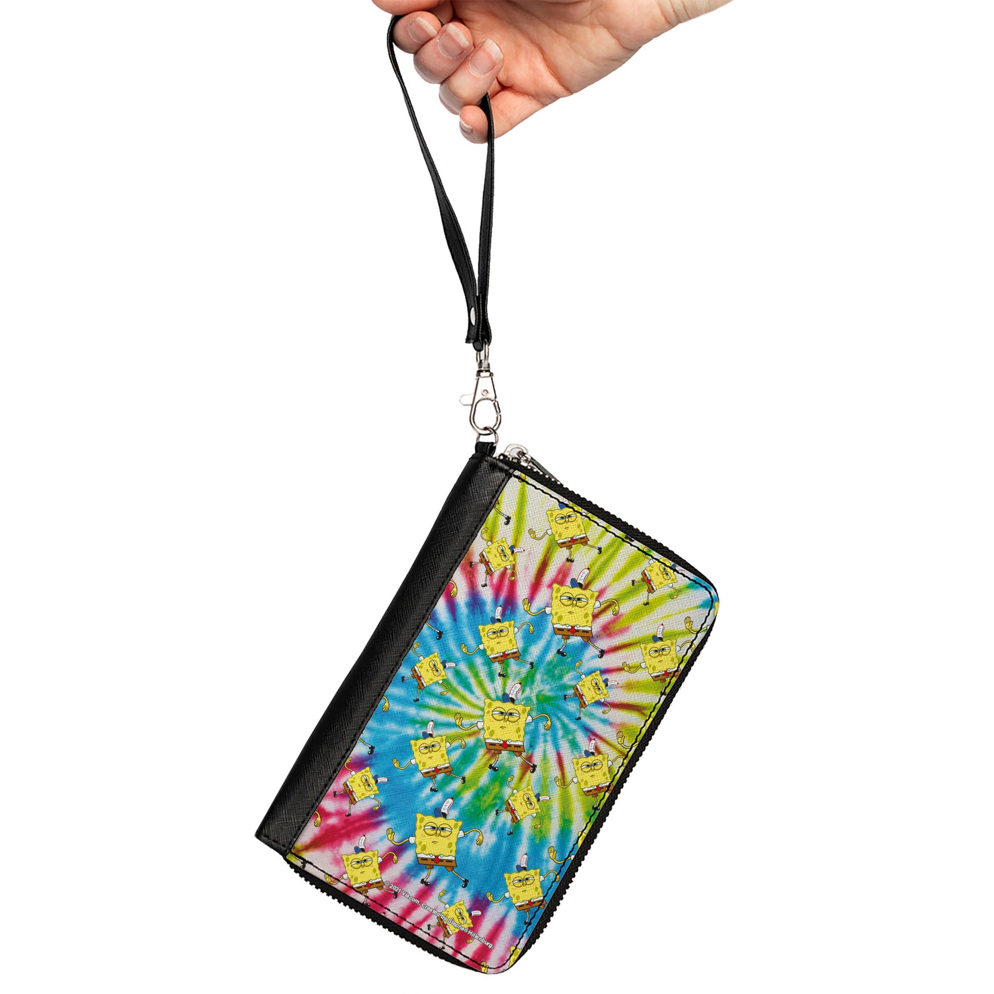 PU Zip Around Wallet Rectangle - SpongeBob Dancing Pose Scattered Tie Dye Multi Color Clutch Zip Around Wallets SpongeBob SquarePants