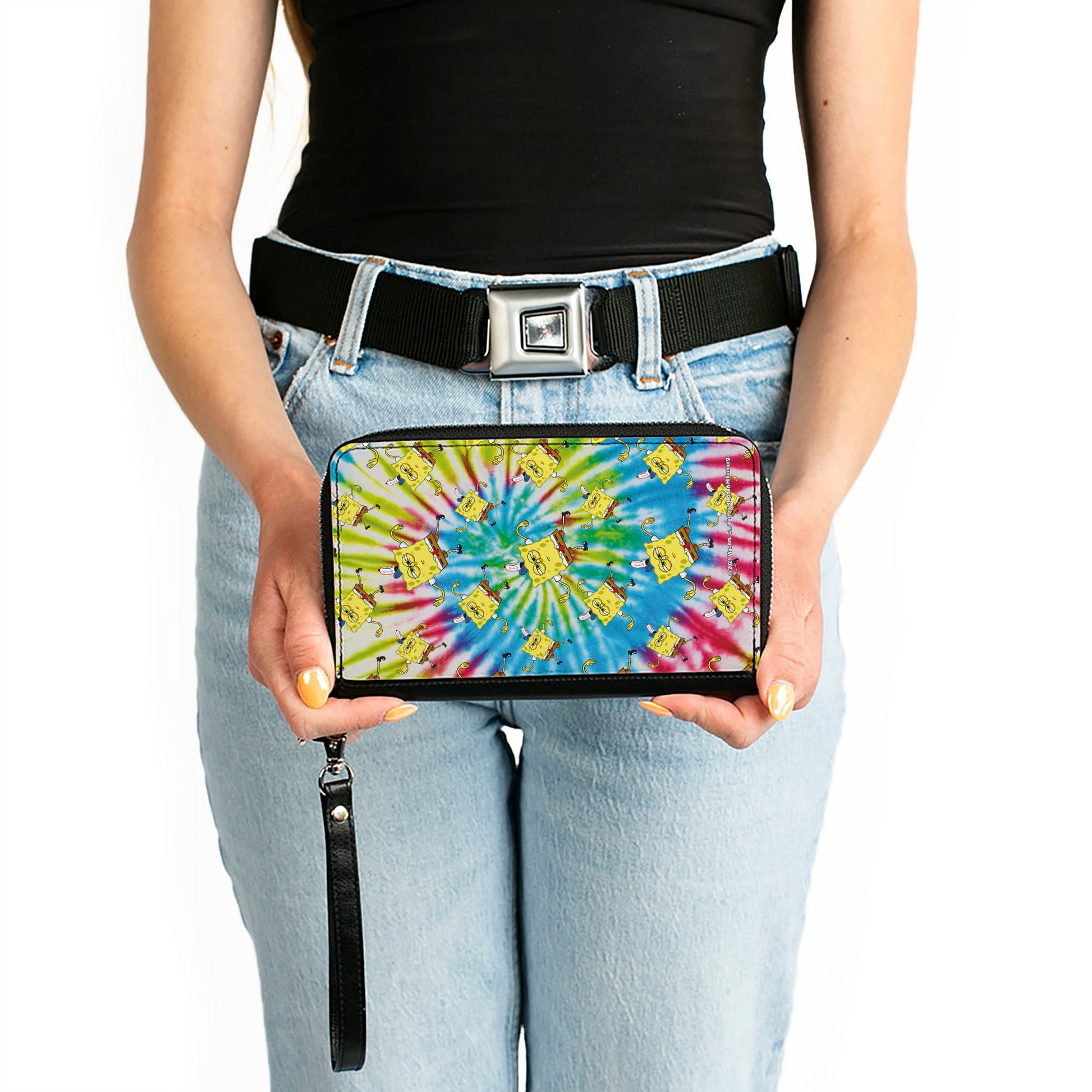 PU Zip Around Wallet Rectangle - SpongeBob Dancing Pose Scattered Tie Dye Multi Color Clutch Zip Around Wallets SpongeBob SquarePants