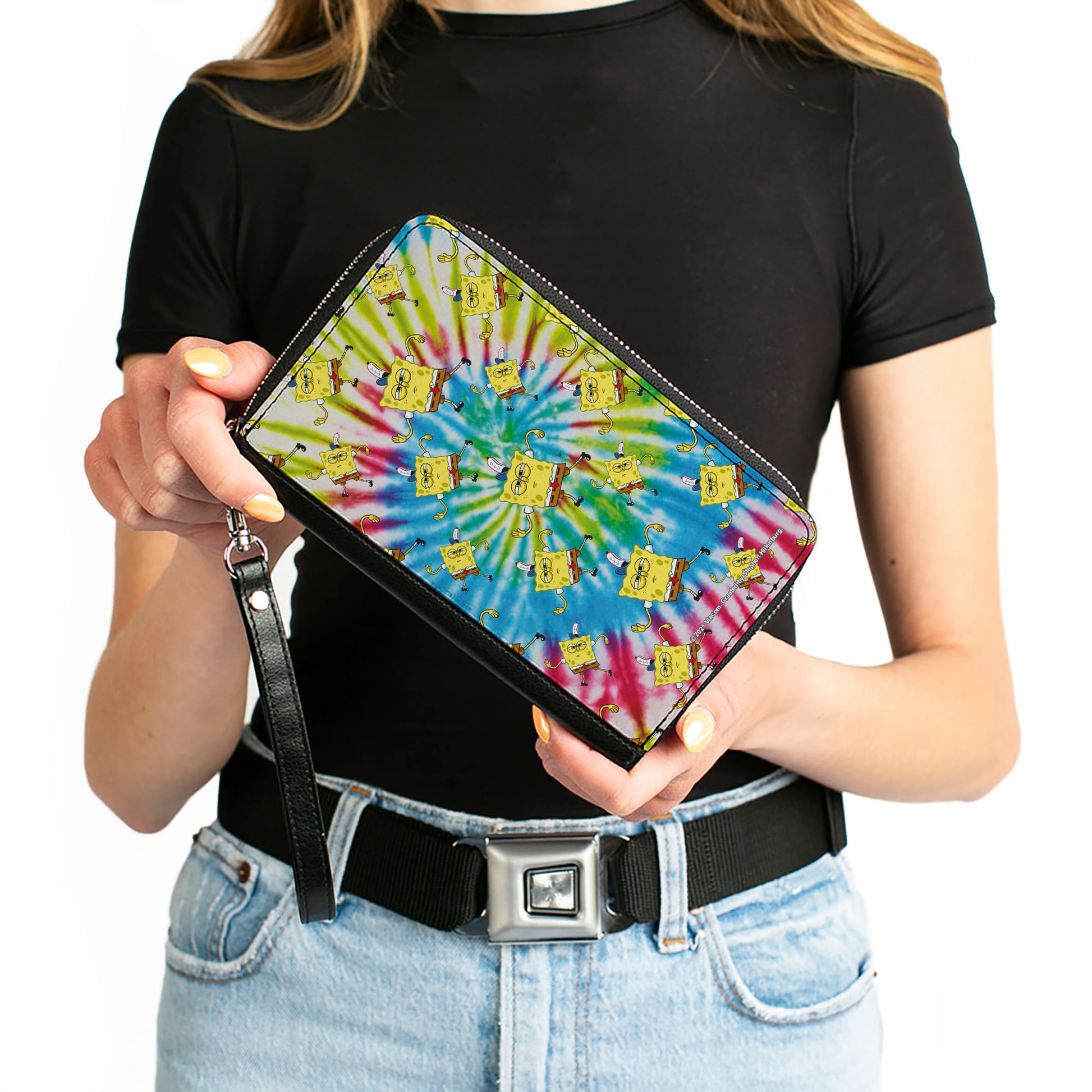 PU Zip Around Wallet Rectangle - SpongeBob Dancing Pose Scattered Tie Dye Multi Color Clutch Zip Around Wallets SpongeBob SquarePants