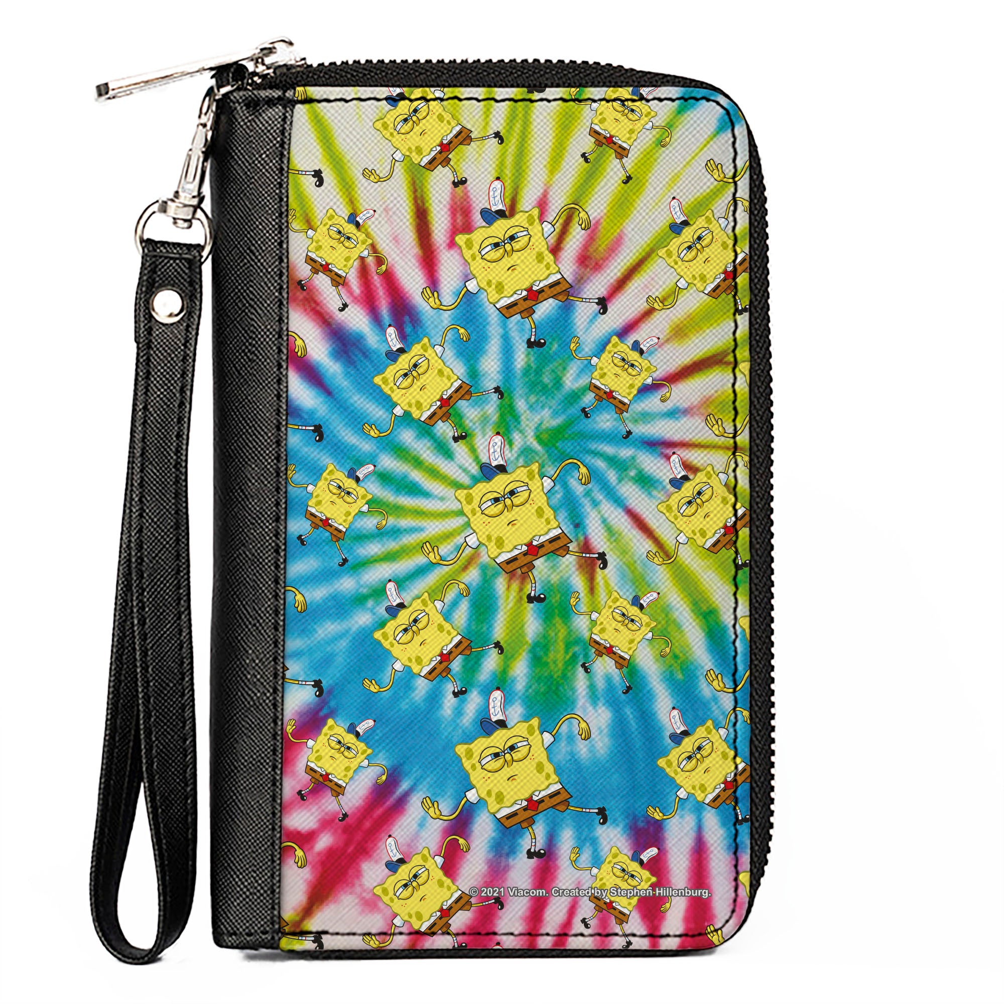 PU Zip Around Wallet Rectangle - SpongeBob Dancing Pose Scattered Tie Dye Multi Color Clutch Zip Around Wallets SpongeBob SquarePants