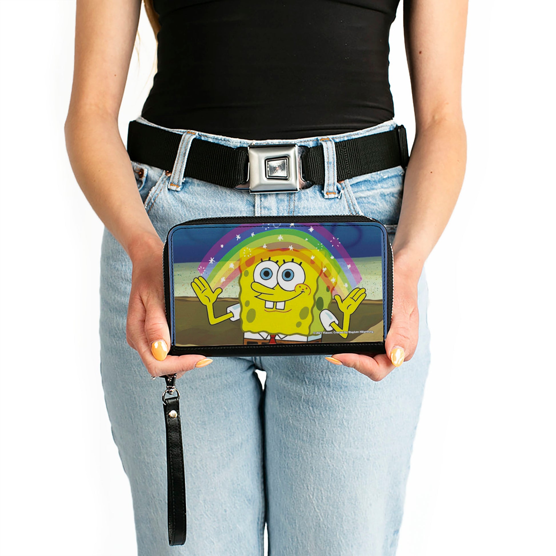 PU Zip Around Wallet Rectangle - SpongeBob SquarePants Imagination Smiling Rainbow Pose Clutch Zip Around Wallets SpongeBob SquarePants