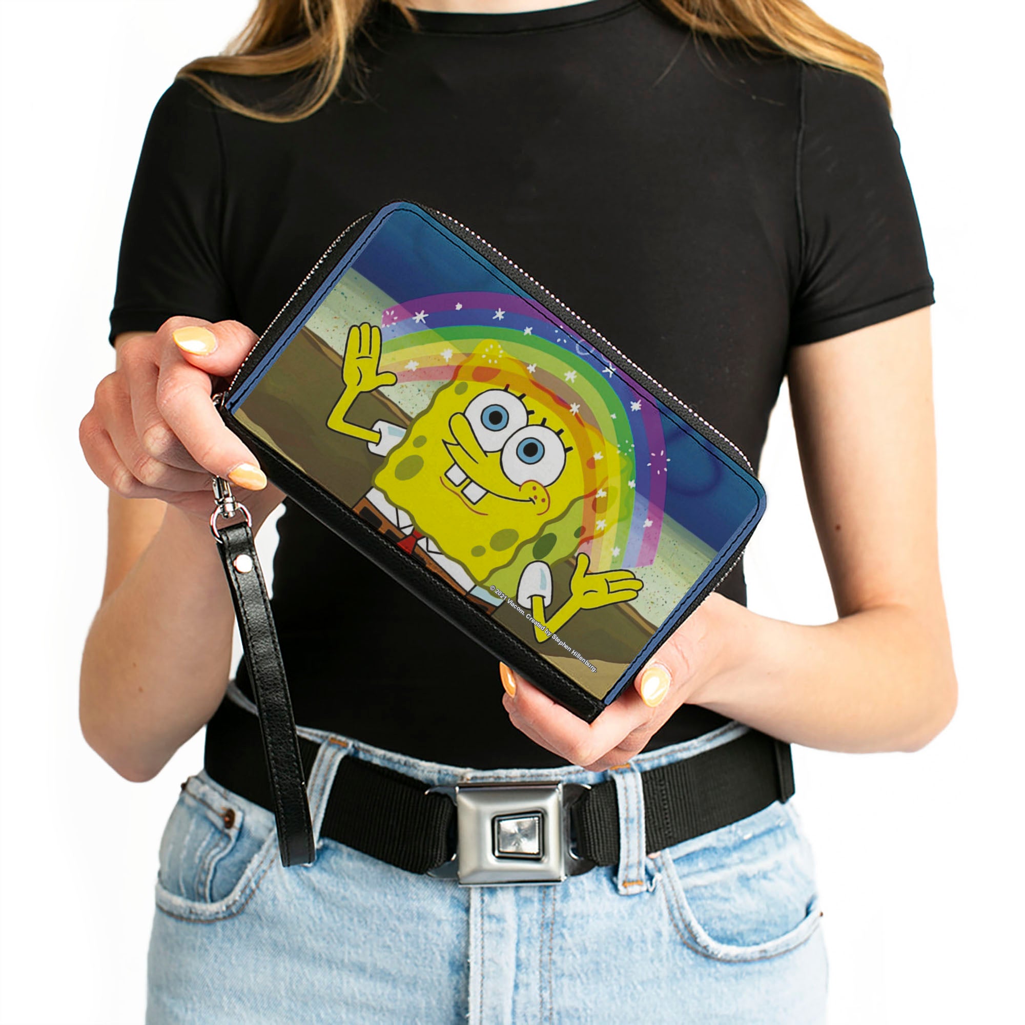 PU Zip Around Wallet Rectangle - SpongeBob SquarePants Imagination Smiling Rainbow Pose Clutch Zip Around Wallets SpongeBob SquarePants