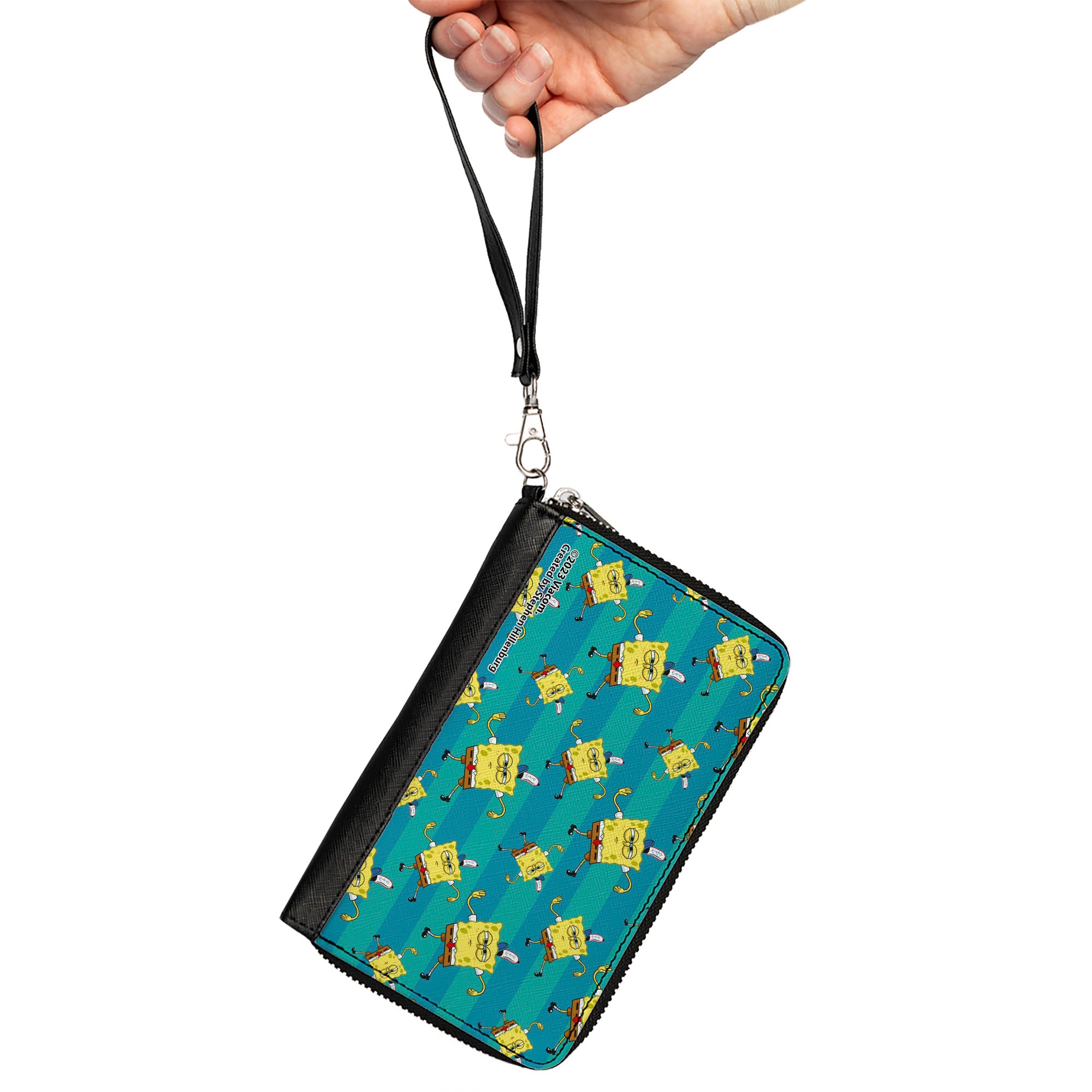 PU Zip Around Wallet Rectangle - SpongeBob Dancing Pose Scattered Stripe Teal Blues Clutch Zip Around Wallets SpongeBob SquarePants