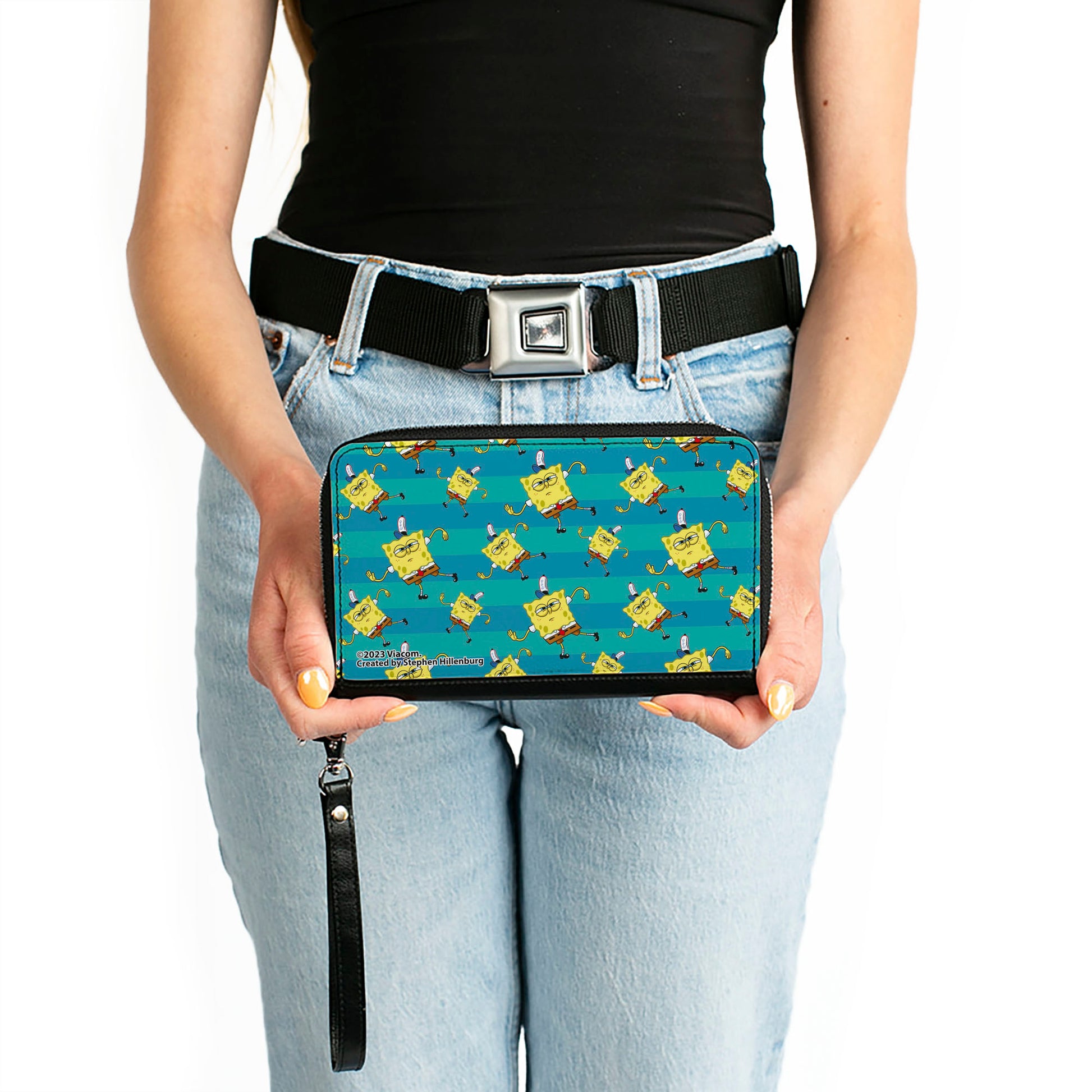 PU Zip Around Wallet Rectangle - SpongeBob Dancing Pose Scattered Stripe Teal Blues Clutch Zip Around Wallets SpongeBob SquarePants