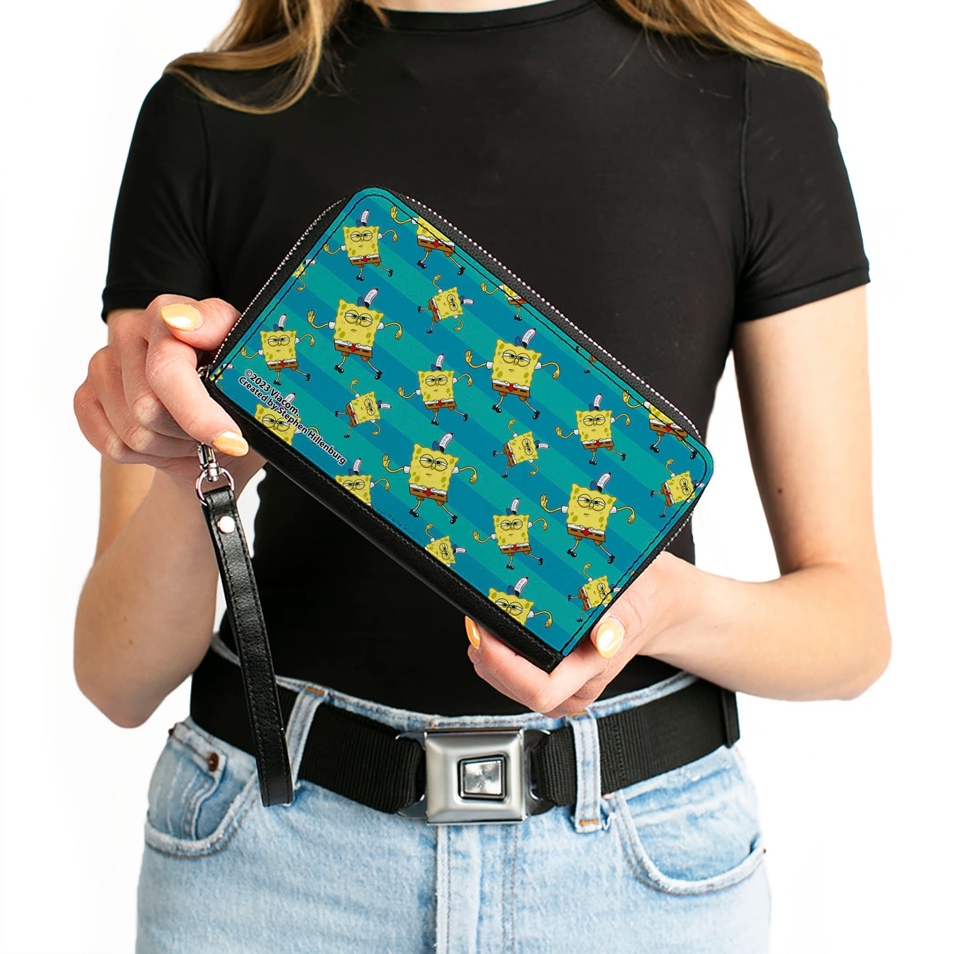 PU Zip Around Wallet Rectangle - SpongeBob Dancing Pose Scattered Stripe Teal Blues Clutch Zip Around Wallets SpongeBob SquarePants
