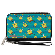 PU Zip Around Wallet Rectangle - SpongeBob Dancing Pose Scattered Stripe Teal Blues Clutch Zip Around Wallets SpongeBob SquarePants
