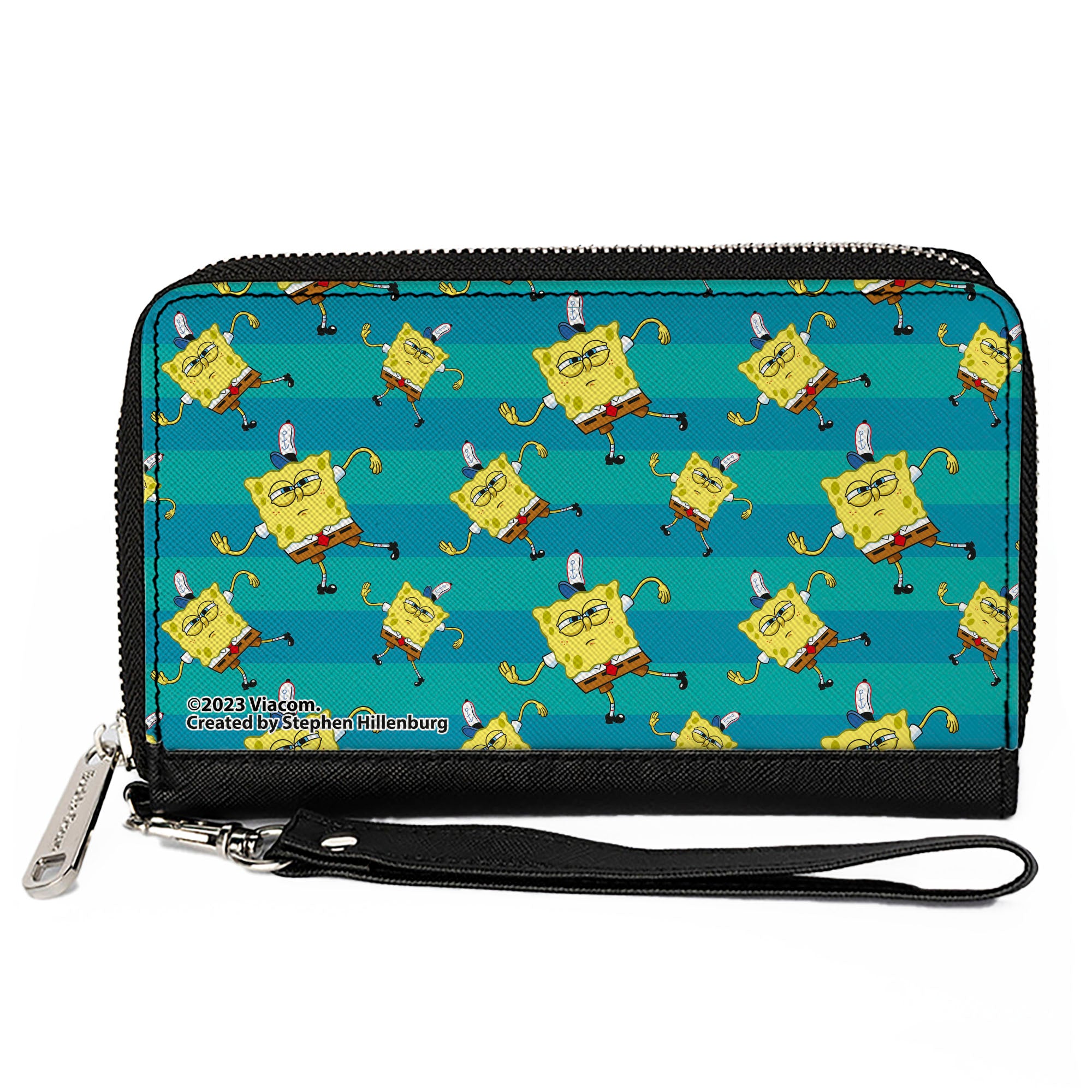 PU Zip Around Wallet Rectangle - SpongeBob Dancing Pose Scattered Stripe Teal Blues Clutch Zip Around Wallets SpongeBob SquarePants
