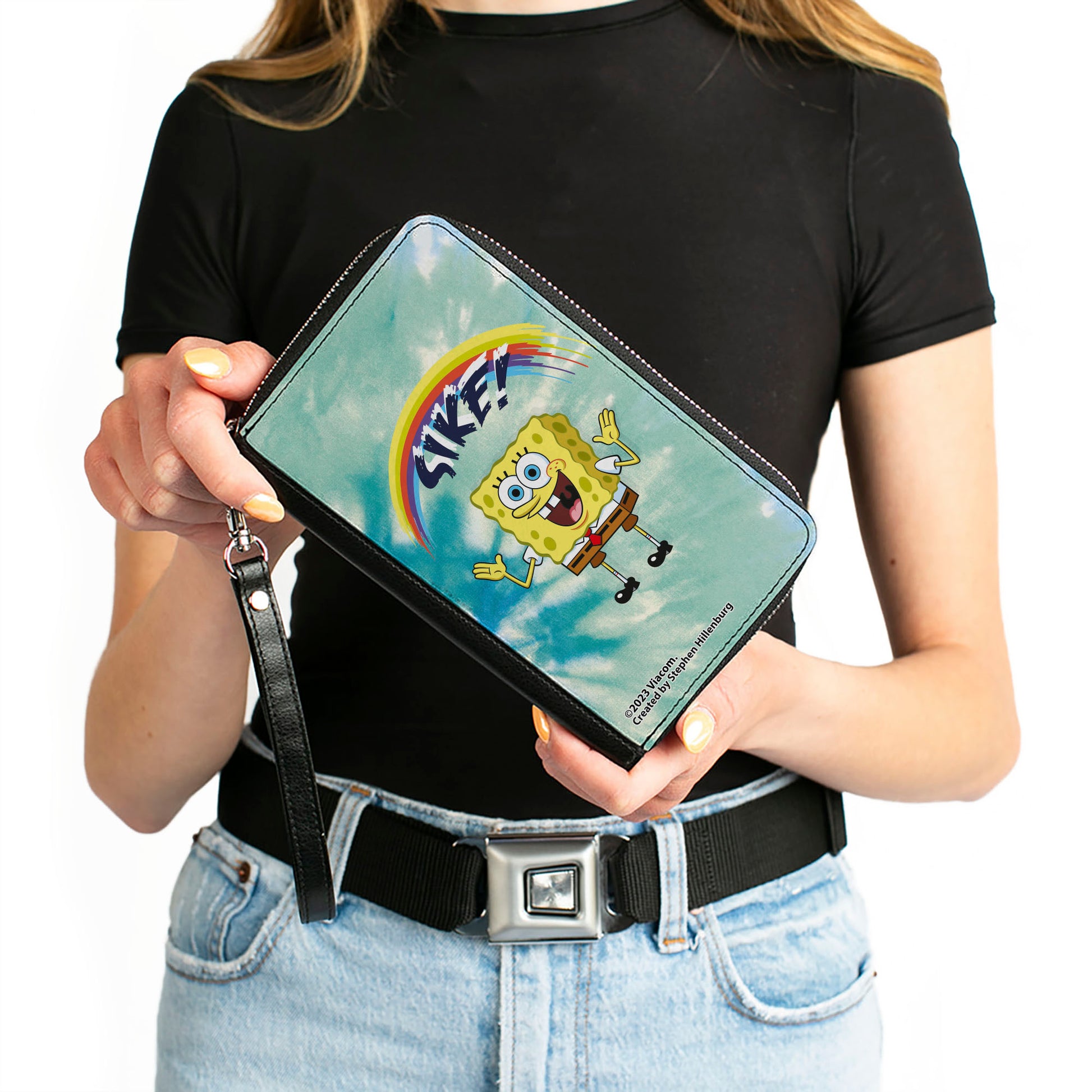 PU Zip Around Wallet Rectangle - SpongeBob SquarePants Rainbow SIKE! Pose Blues Clutch Zip Around Wallets SpongeBob SquarePants