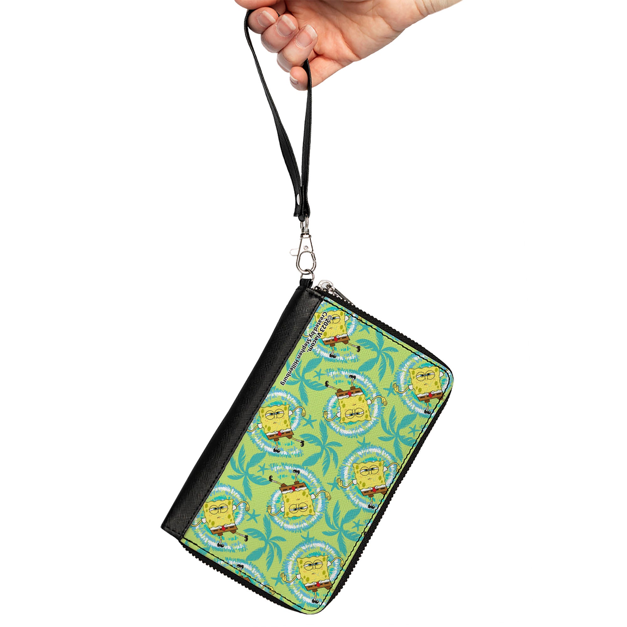 PU Zip Around Wallet Rectangle - SpongeBob Wavy Noodle Arm Pose Tropical Tie Dye Green/Blue/White Clutch Zip Around Wallets SpongeBob SquarePants