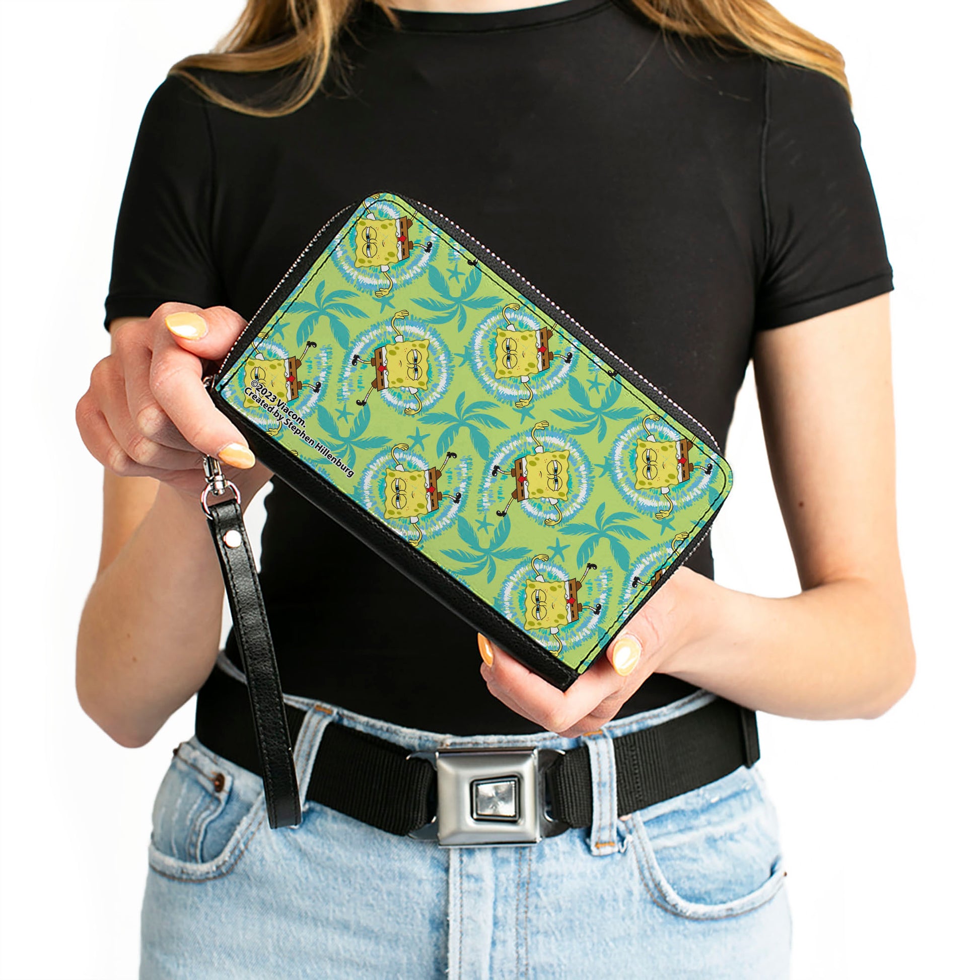 PU Zip Around Wallet Rectangle - SpongeBob Wavy Noodle Arm Pose Tropical Tie Dye Green/Blue/White Clutch Zip Around Wallets SpongeBob SquarePants